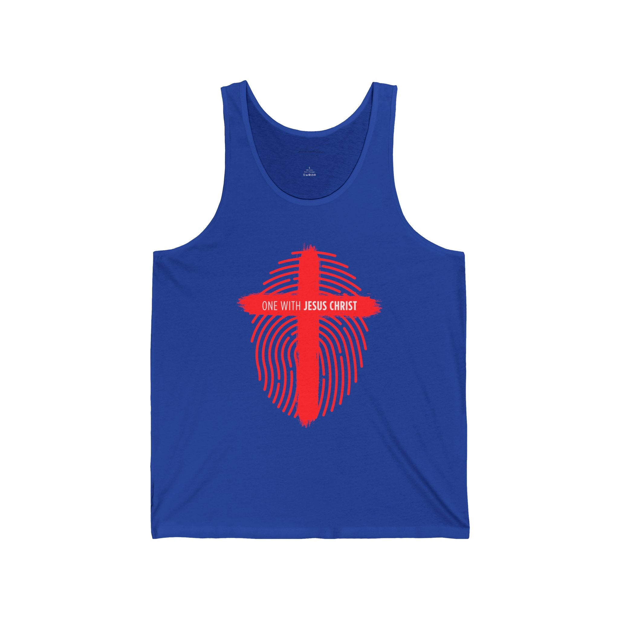 Christian Faith Tank Top — 'One With Jesus Christ' Cross Fingerprint Design