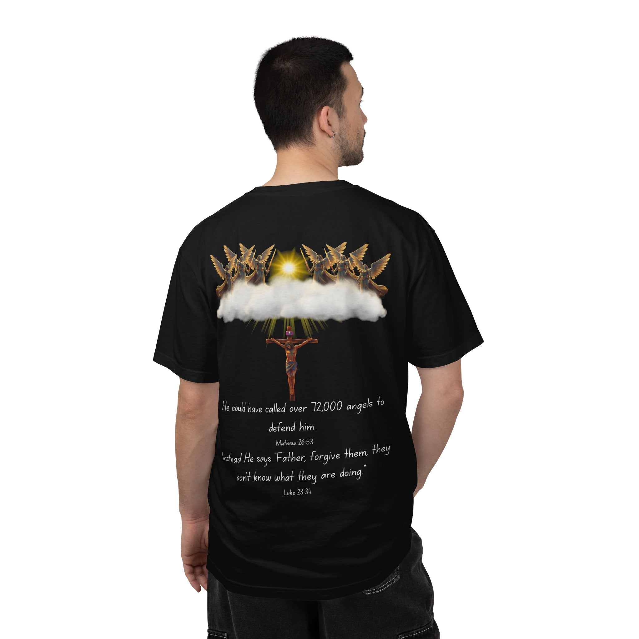 Christian Mercy & Forgiveness T-Shirt — Scripture Cross Back Design