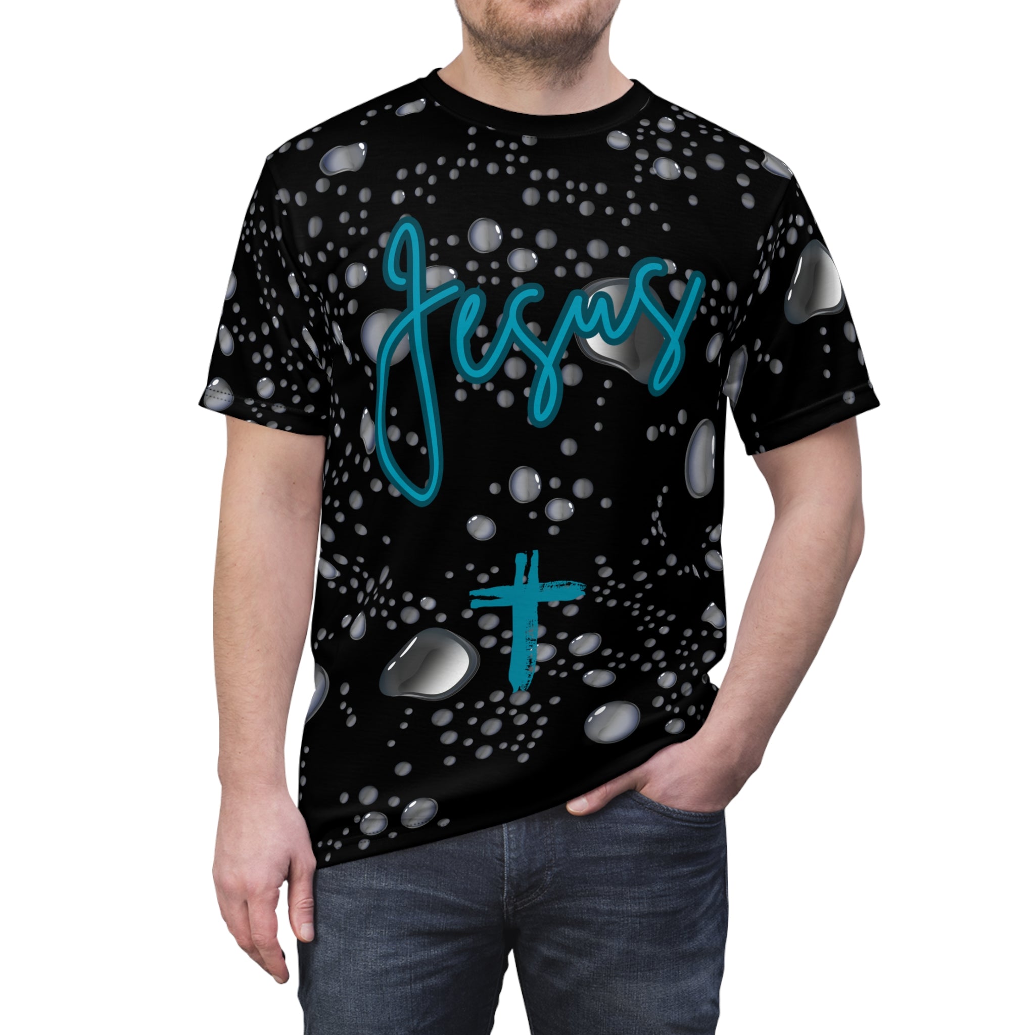 Jesus Script Cross Tee — Black Water Pattern Christian T-Shirt