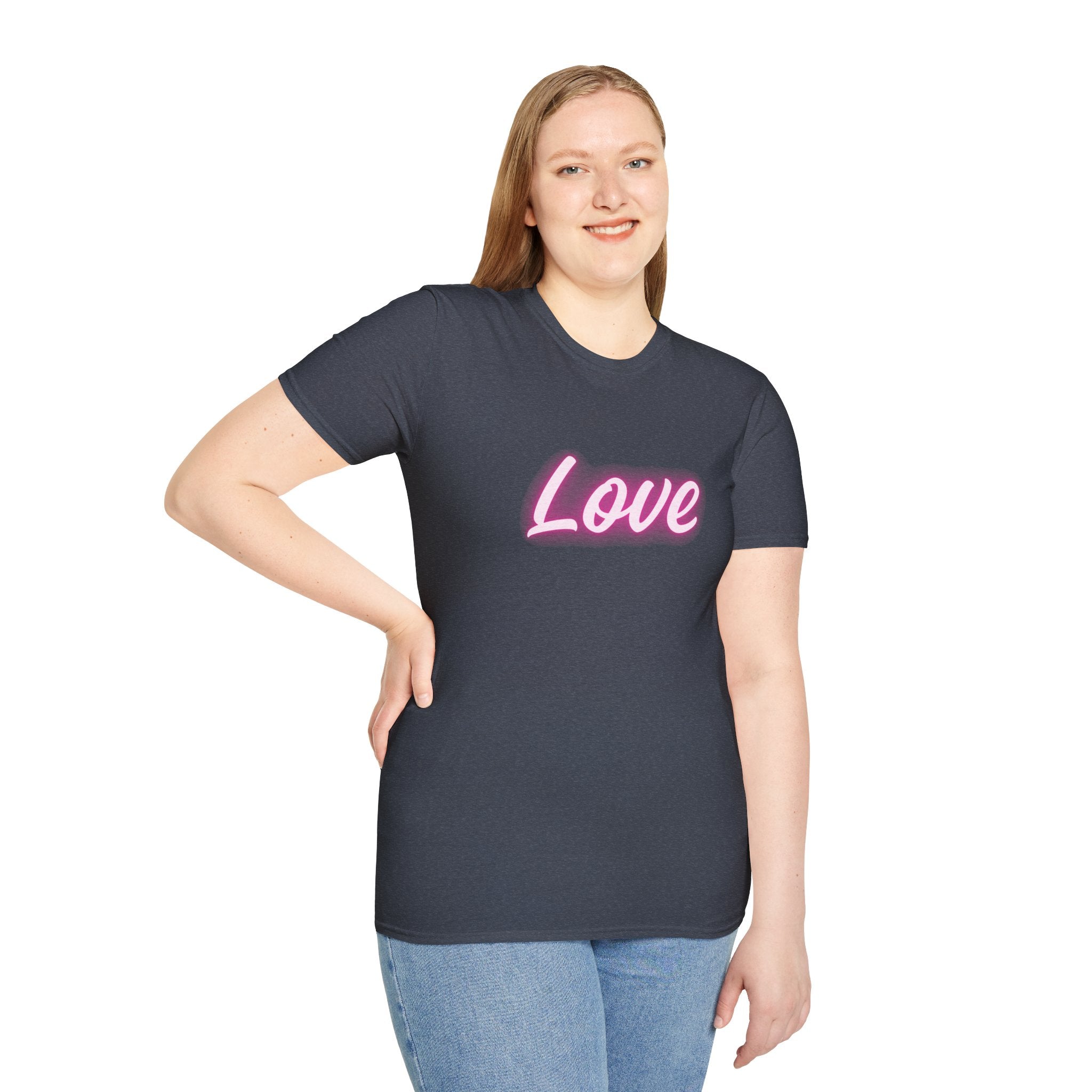 Love Script T-Shirt — Pink Neon "Love" Graphic with Scripture Back