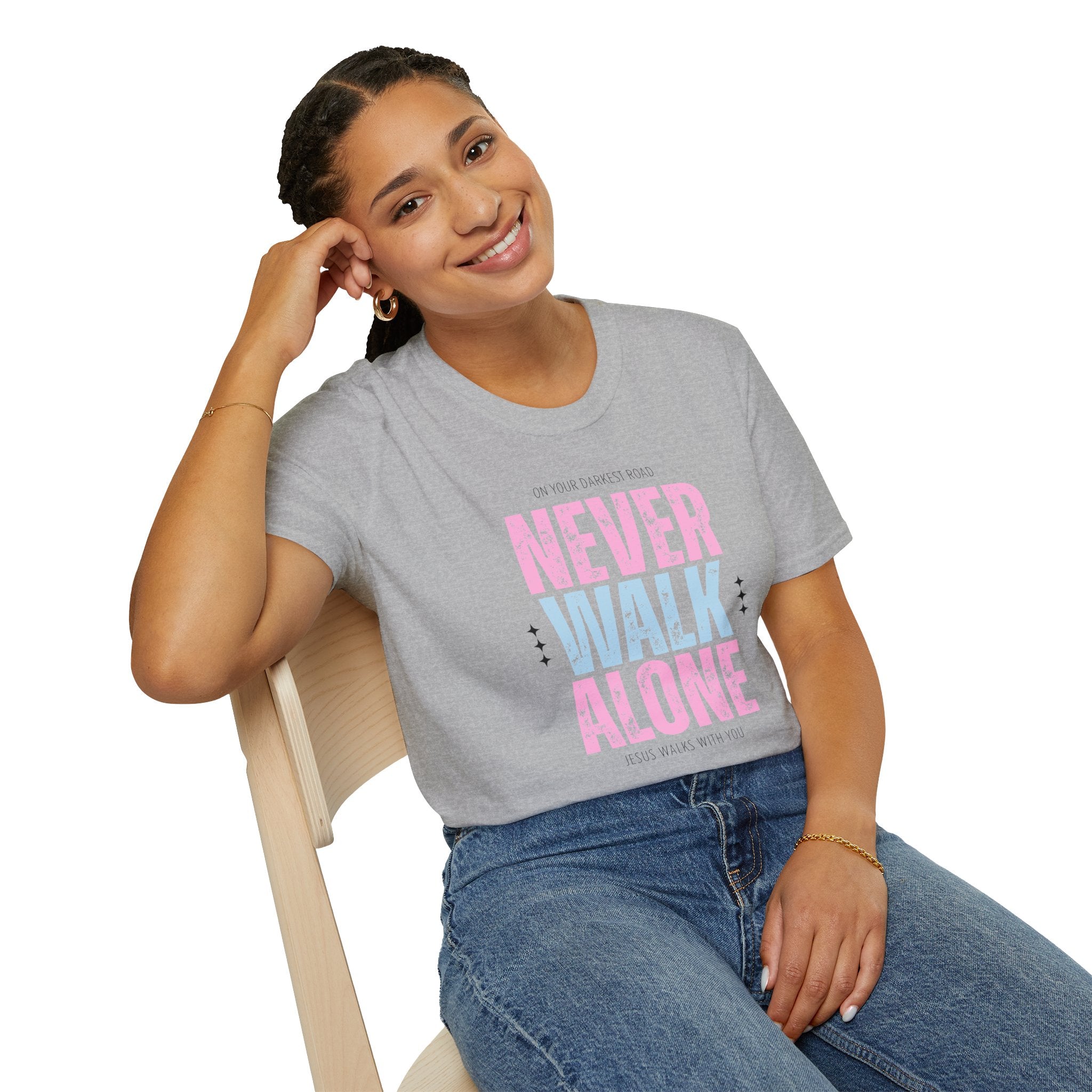 Never Walk Alone Jesus Walks With You T-Shirt — Pastel Pink & Blue Inspirational Tee