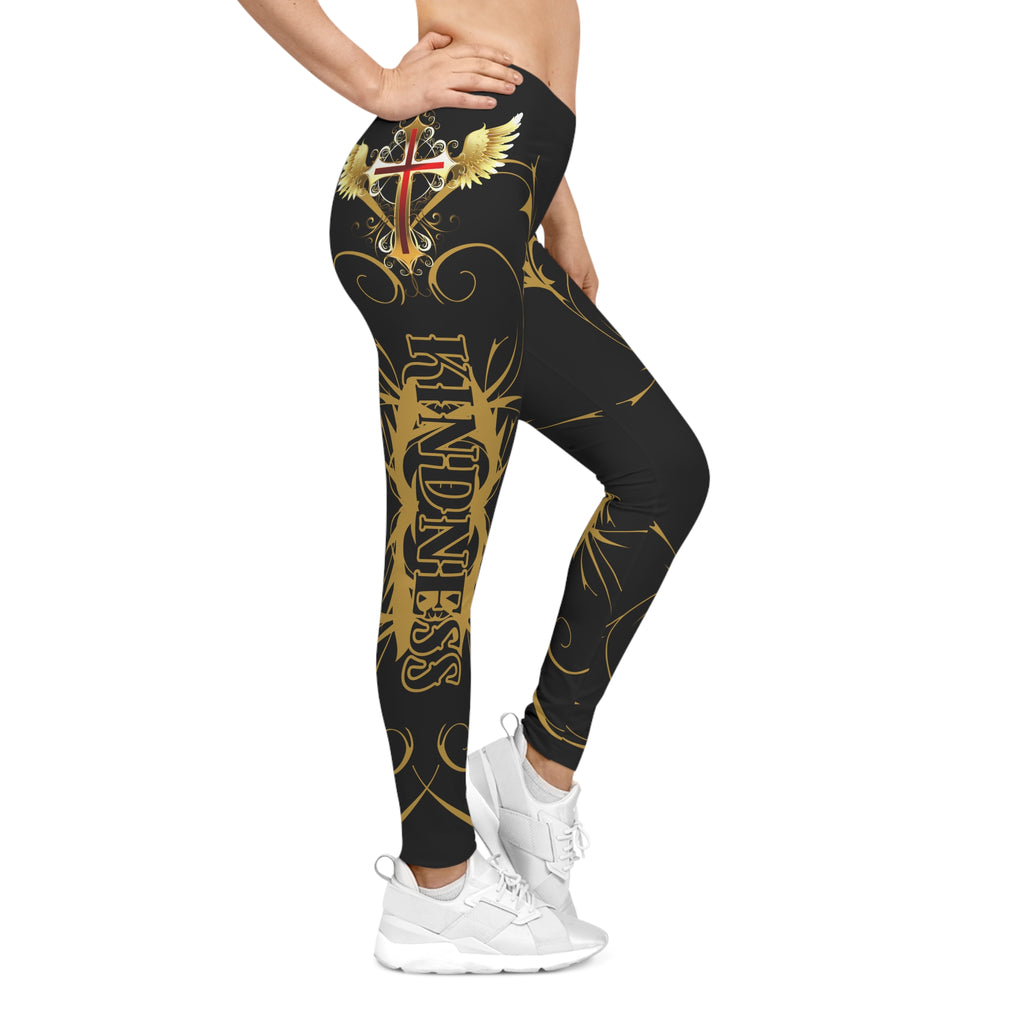 Women’s Winged Cross Leggings — Black & Gold Faith and Kindness Design