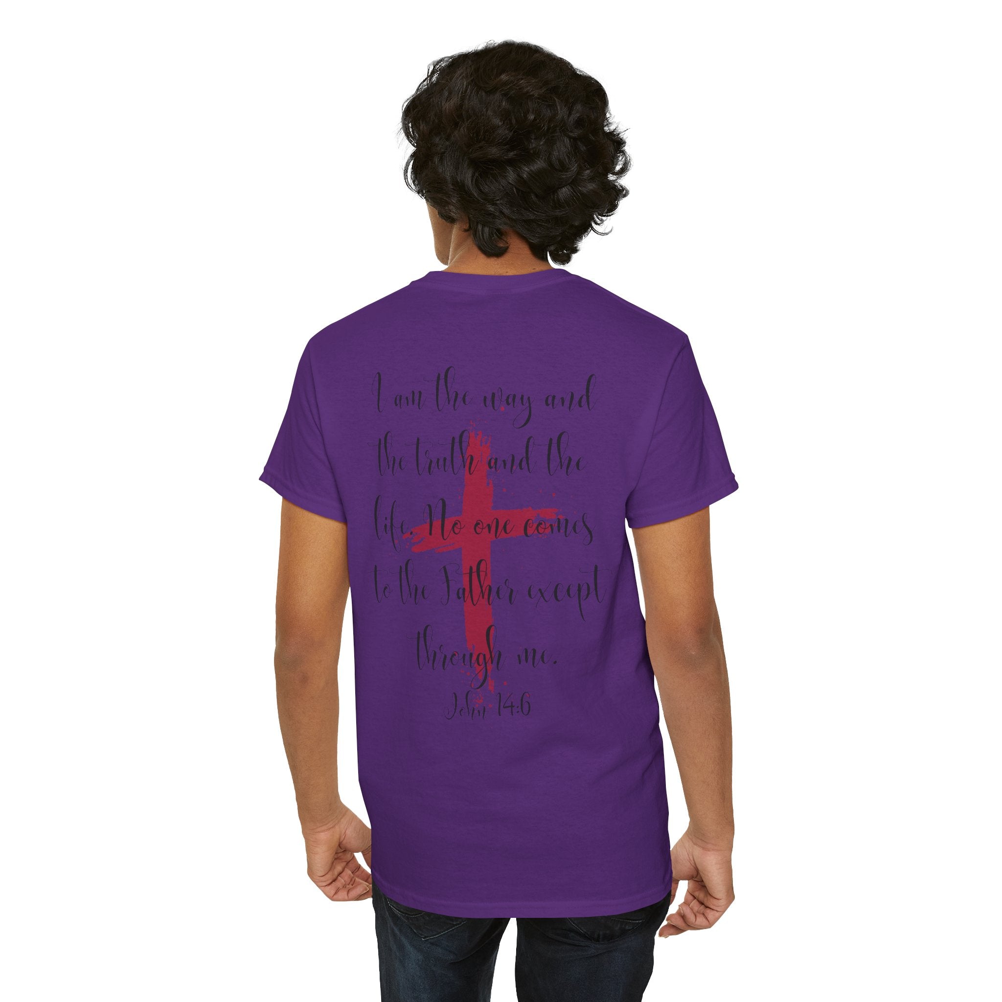 Jesus Cross T-Shirt — Red Brushstroke Faith Tee with Scripture Back (John 14:6)