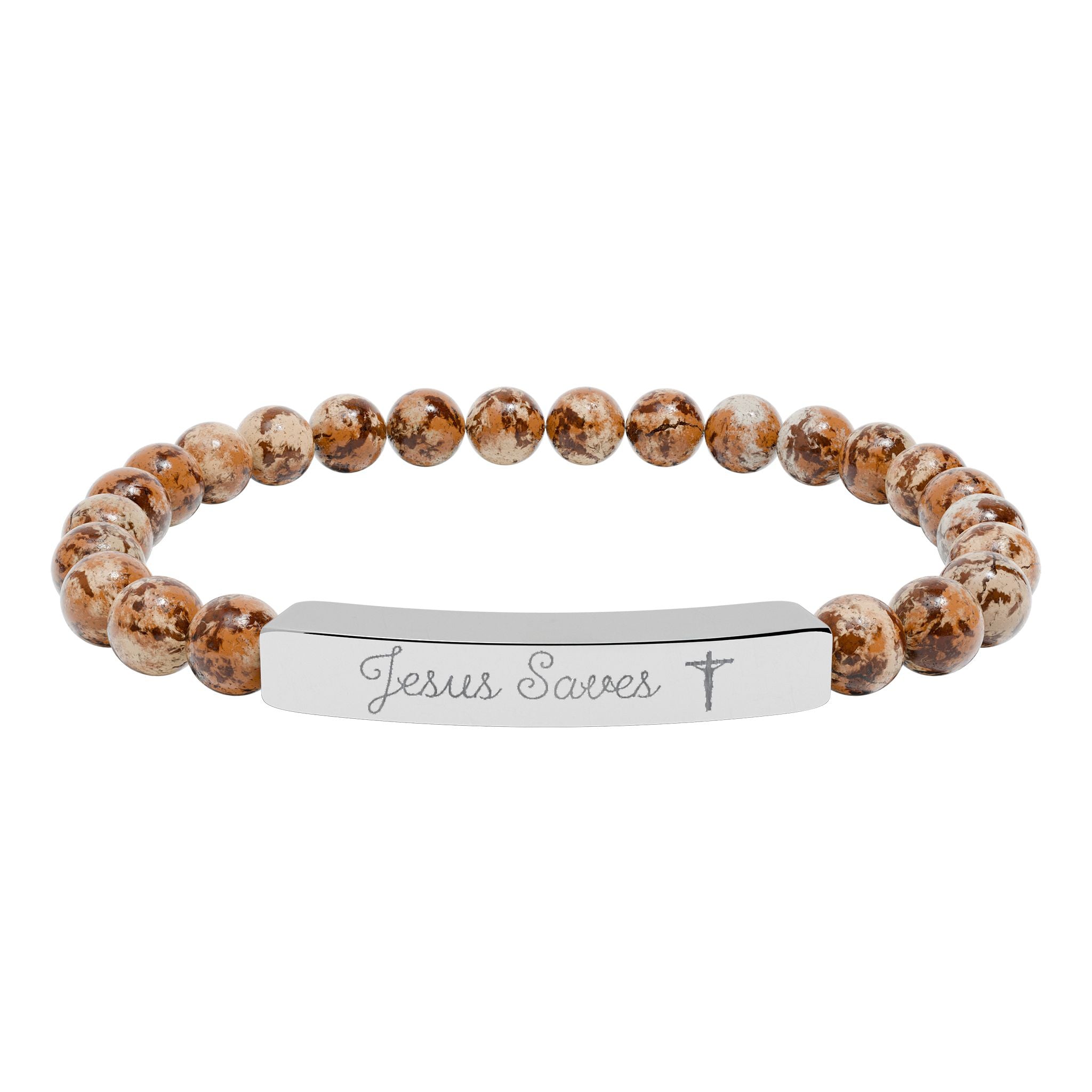 Engraved Natural Stone Stretch Bracelet — Personalized Bar Bead Bracelet ("Jesus Loves")