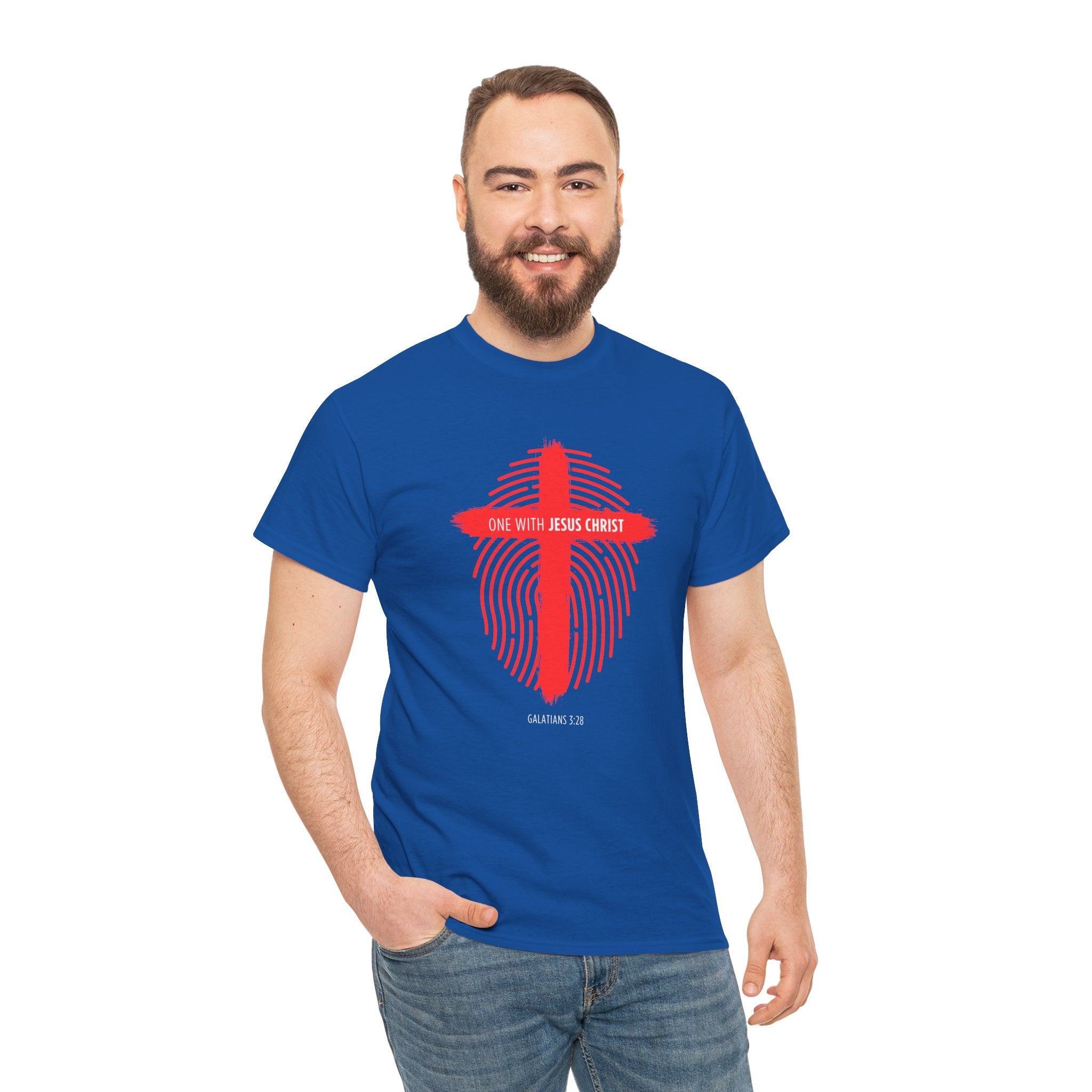 Christian T‑Shirt — "One with Jesus Christ" Red Cross Fingerprint Design