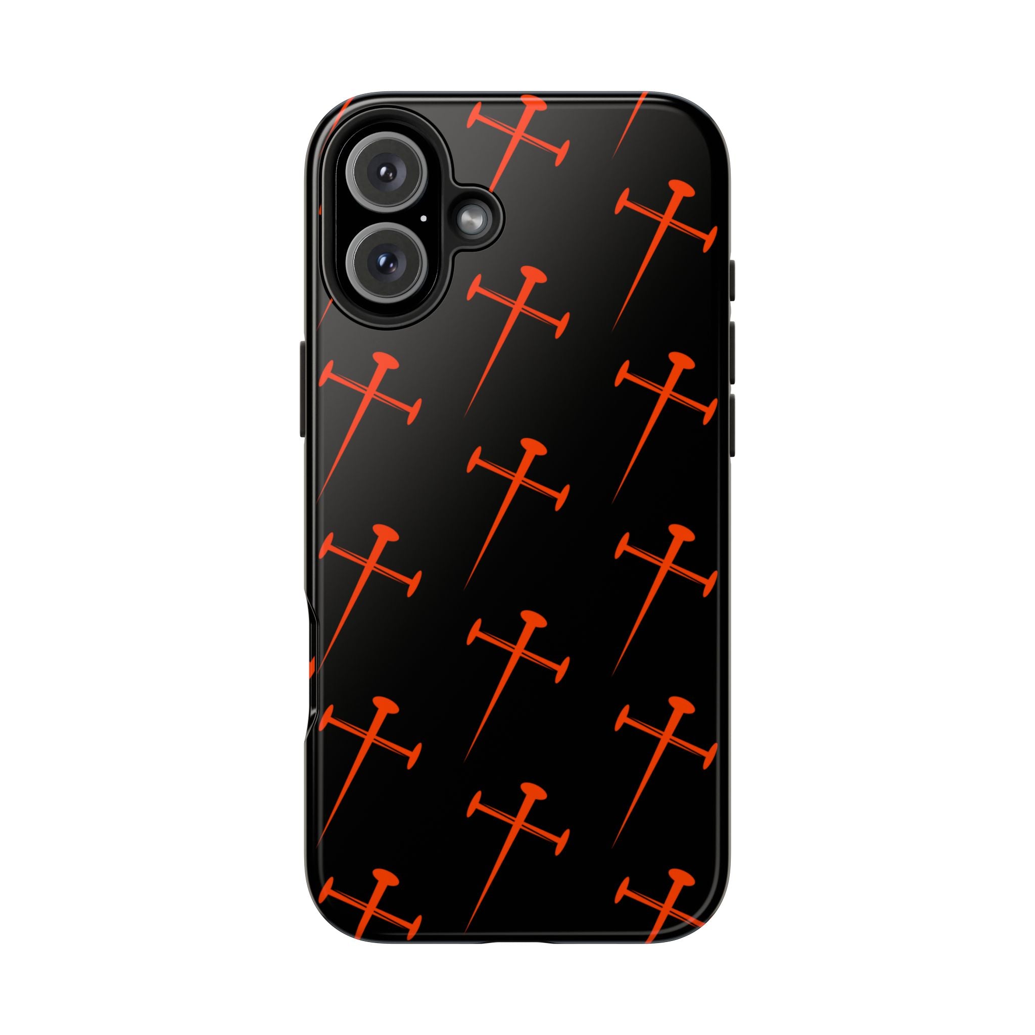 Black Tough Phone Case with Orange Nail Cross Pattern