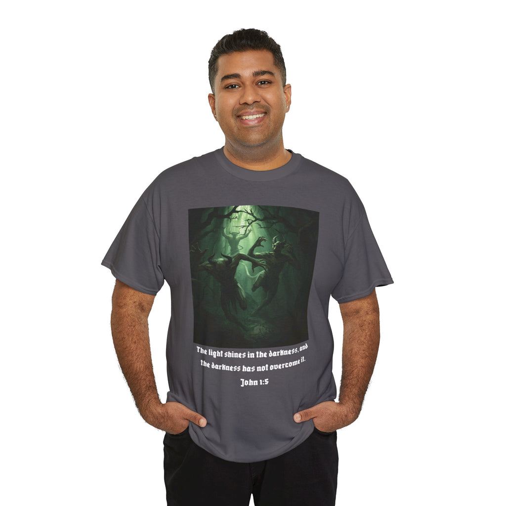 Christian Forest Art T-Shirt — "The light shines in the darkness" (John 1:5)