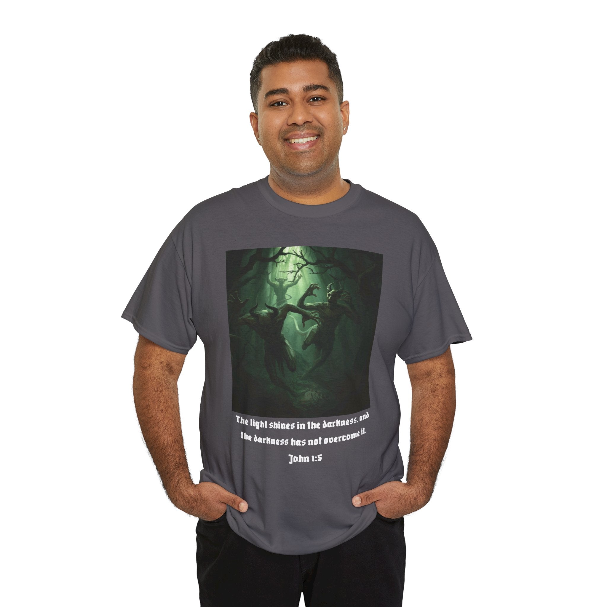 Christian Forest Art T-Shirt — "The light shines in the darkness" (John 1:5)