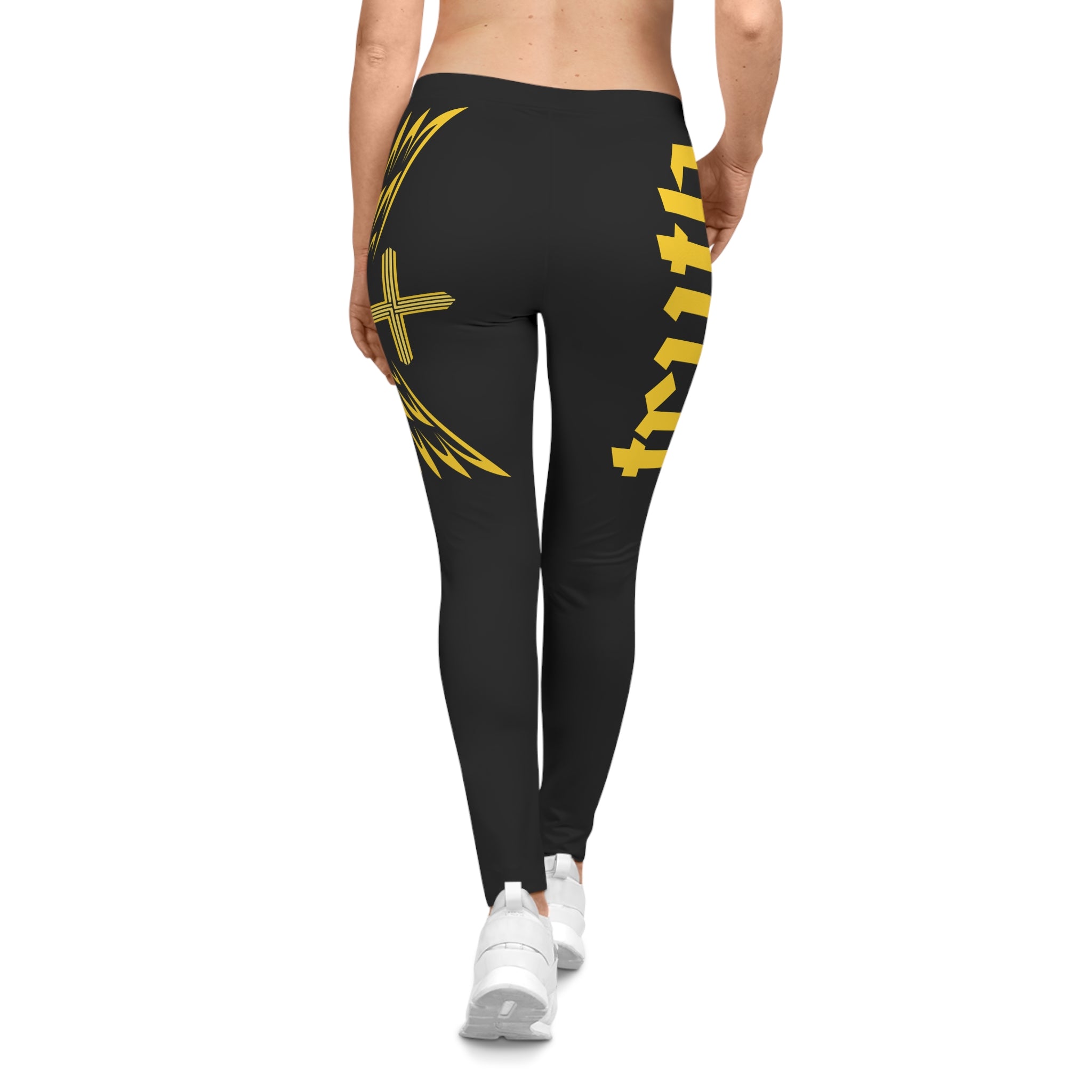 Winged Cross Black & Gold Leggings — Women's Graphic Activewear