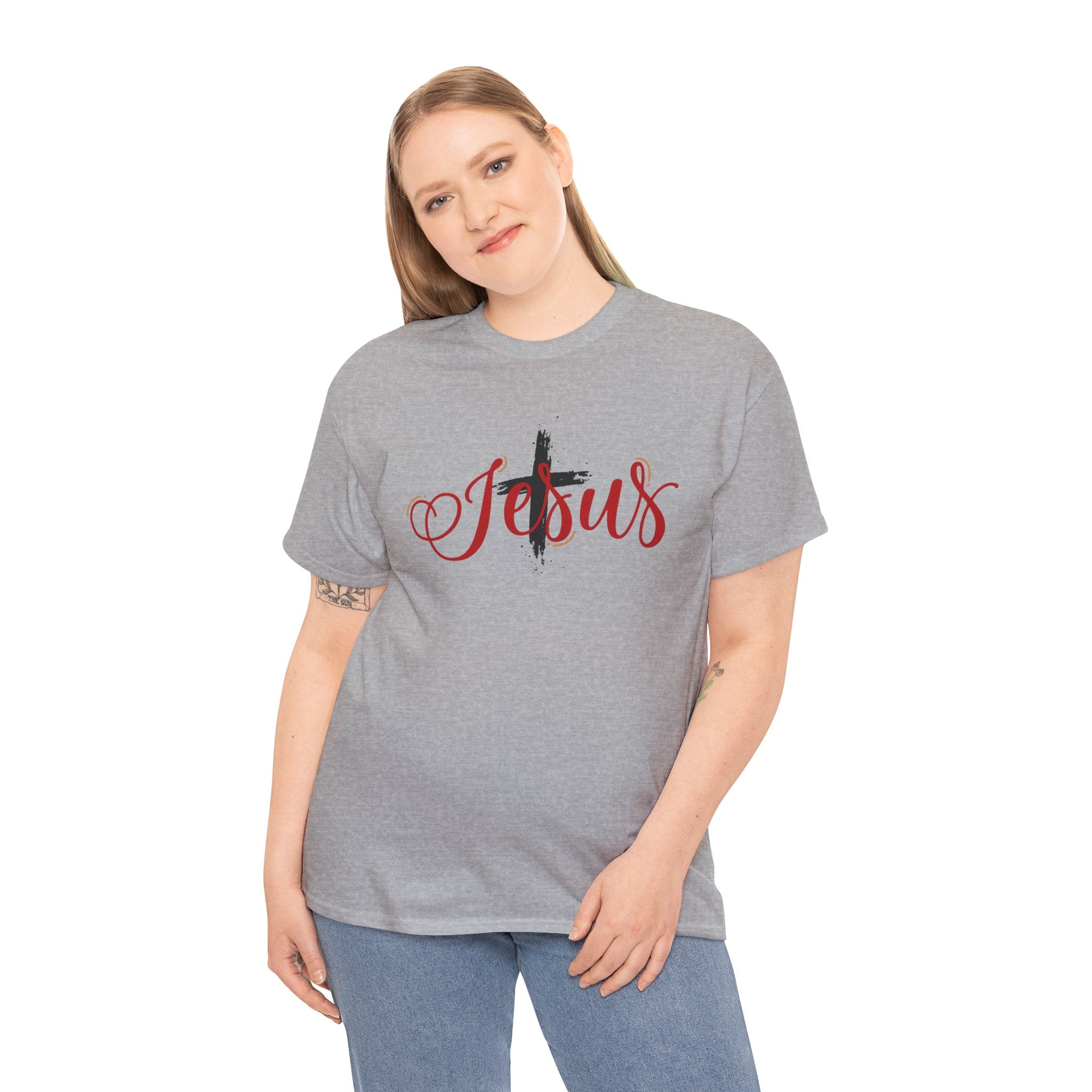 Jesus Cross T-Shirt — Red Brushstroke Faith Tee with Scripture Back (John 14:6)