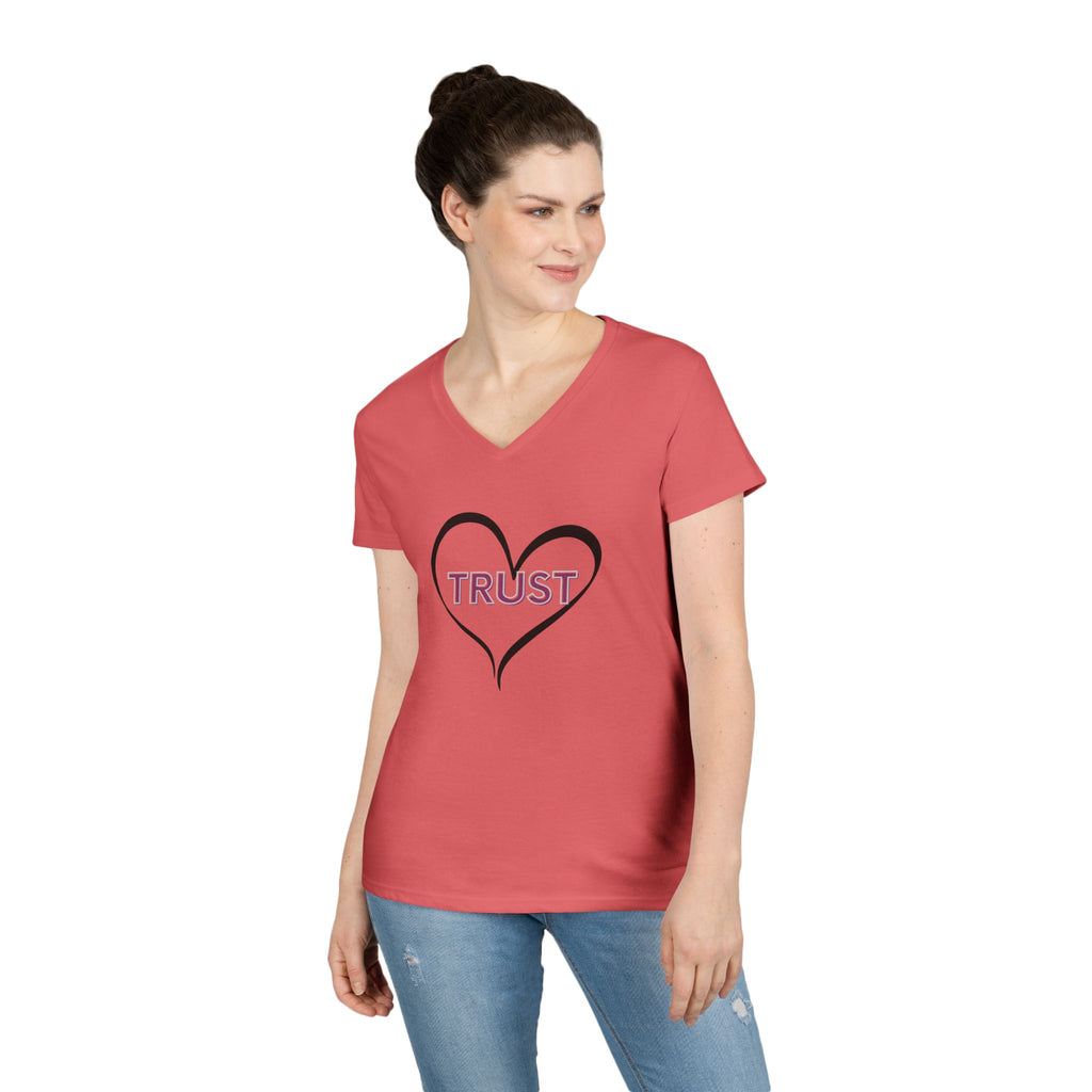 Ladies' V-Neck T-Shirt — Heart "TRUST" Faith Tee with Proverbs 3:5 Back Design