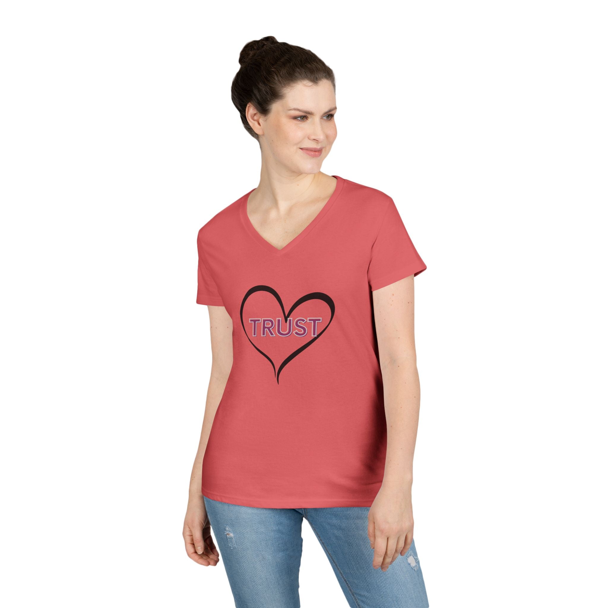 Ladies' V-Neck T-Shirt — Heart "TRUST" Faith Tee with Proverbs 3:5 Back Design