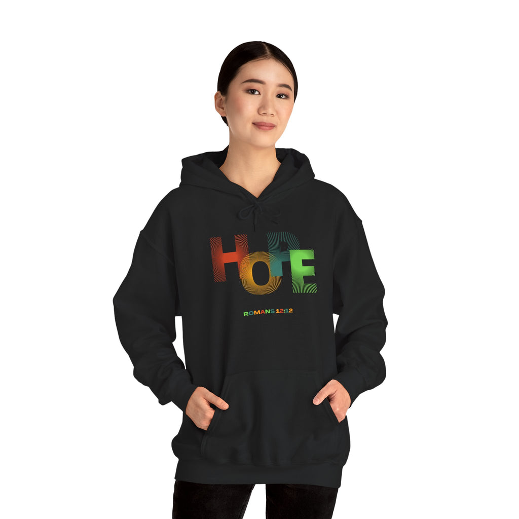 Hope Multicolored Hoodie — Colorful 'HOPE' Graphic Pullover Romans 12:12