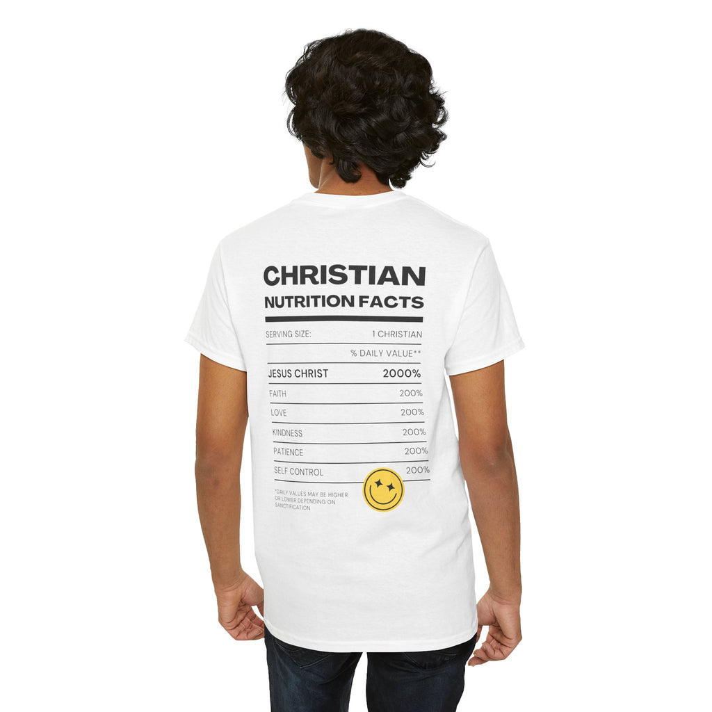Christian Nutrition Facts Tee — Faith-Based Graphic T-Shirt with Cross & Nutrition Label Back
