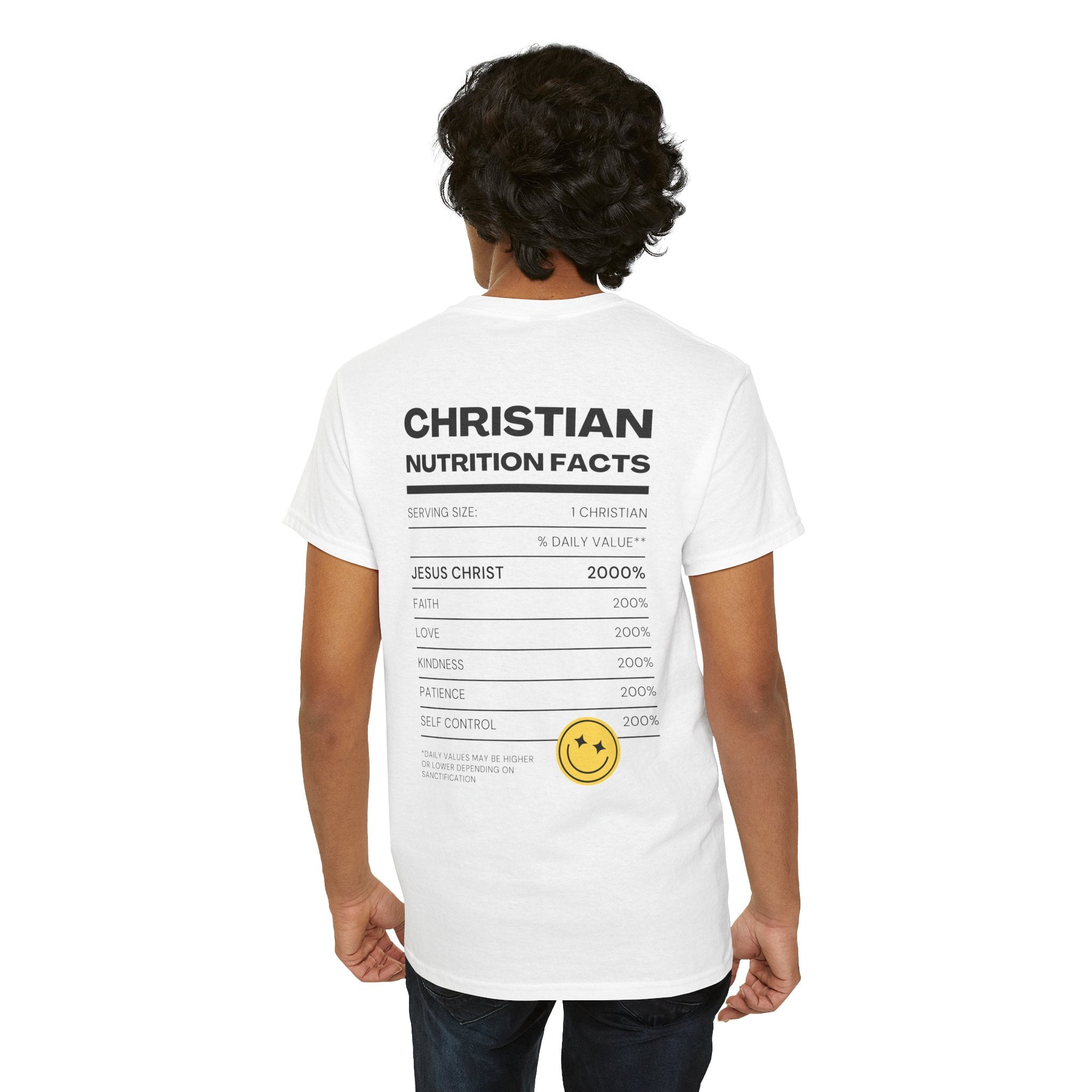 Christian Nutrition Facts Tee — Faith-Based Graphic T-Shirt with Cross & Nutrition Label Back