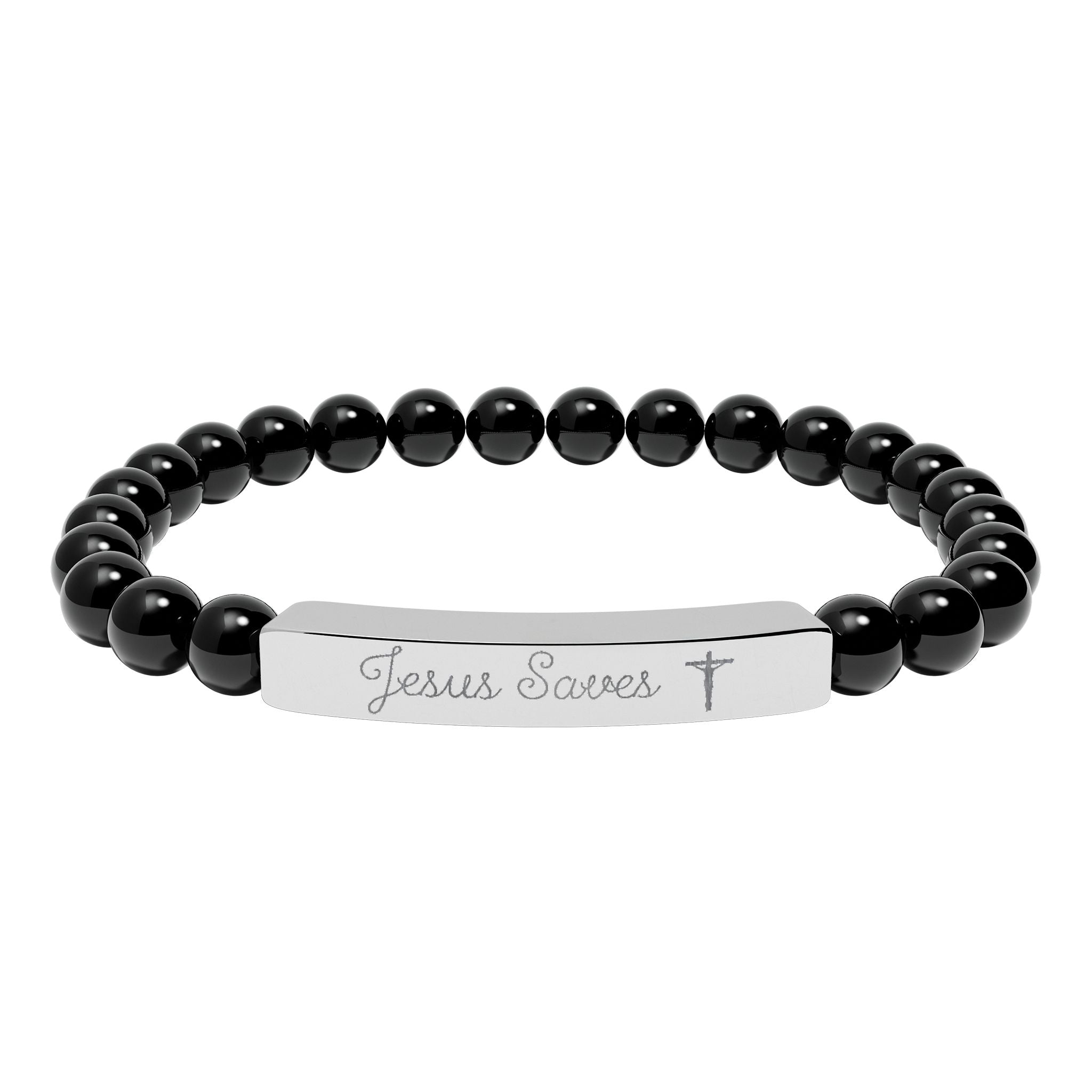 Engraved Natural Stone Stretch Bracelet — Personalized Bar Bead Bracelet ("Jesus Loves")