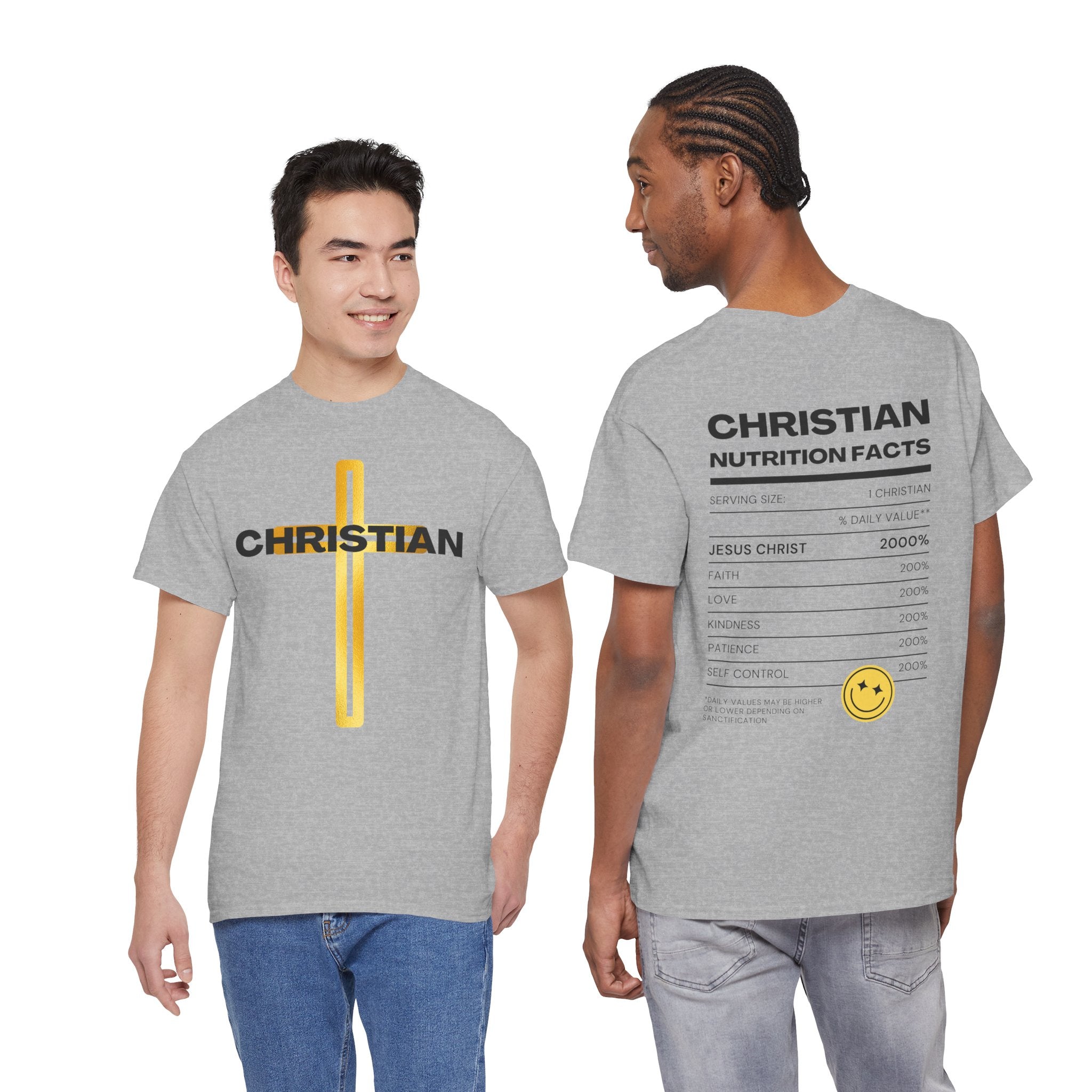 Christian Nutrition Facts Tee — Faith-Based Graphic T-Shirt with Cross & Nutrition Label Back