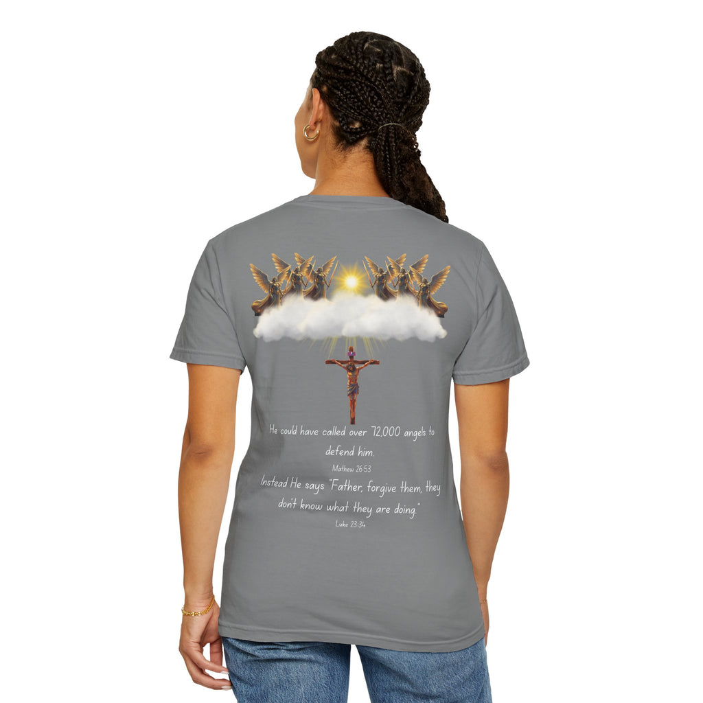 Christian Mercy & Forgiveness T-Shirt — Scripture Cross Back Design