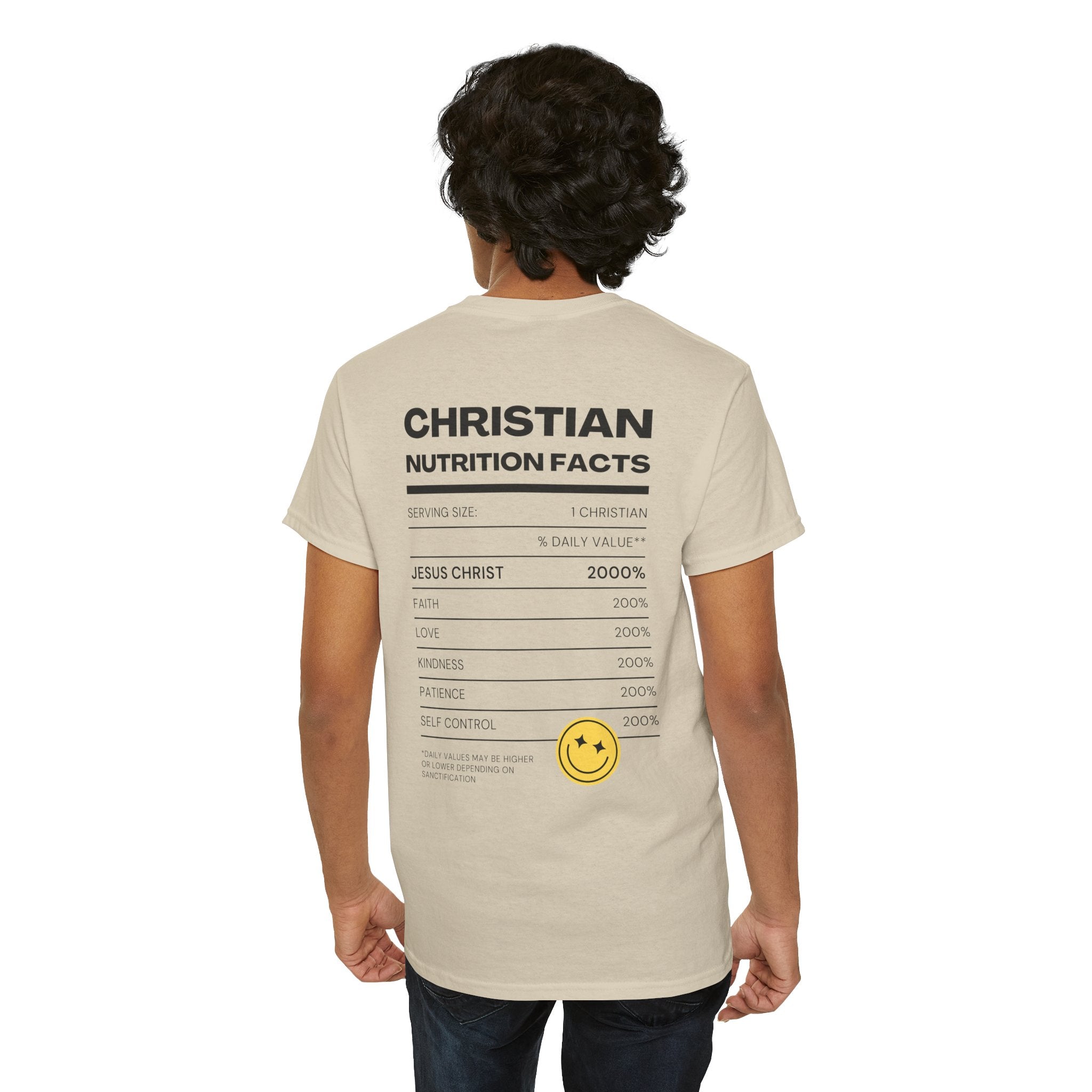 Christian Nutrition Facts Tee — Faith-Based Graphic T-Shirt with Cross & Nutrition Label Back