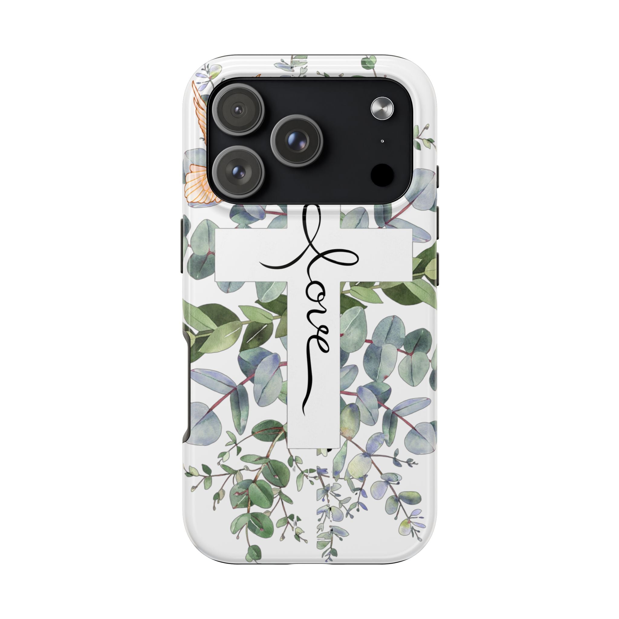 Religious Cross Tough Phone Case — Eucalyptus Floral "Love" Design