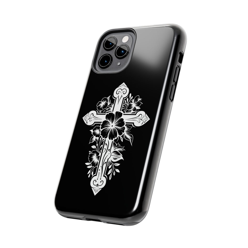Floral Cross Tough Phone Case — Black Protective Christian Phone Cover