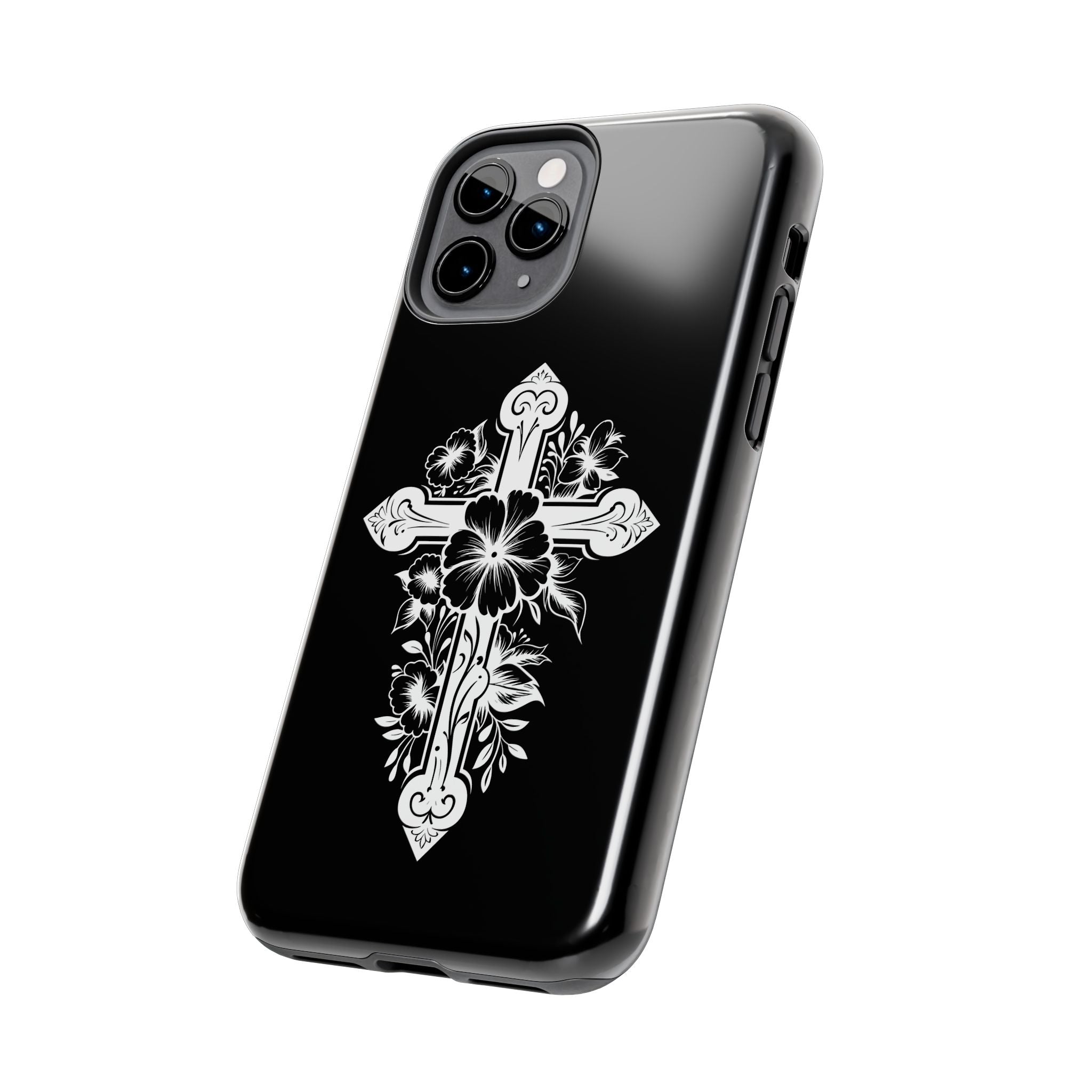 Floral Cross Tough Phone Case — Black Protective Christian Phone Cover