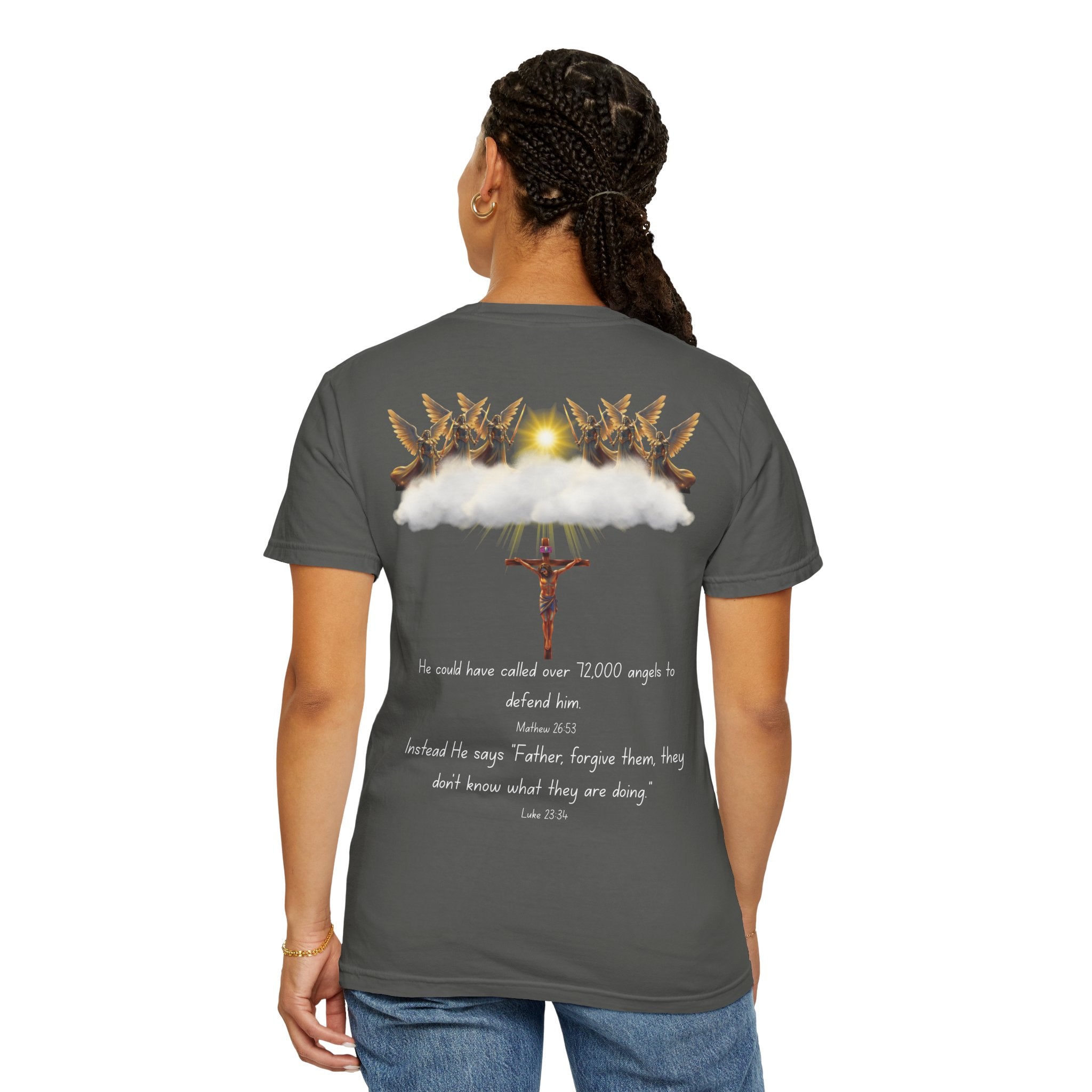 Christian Mercy & Forgiveness T-Shirt — Scripture Cross Back Design
