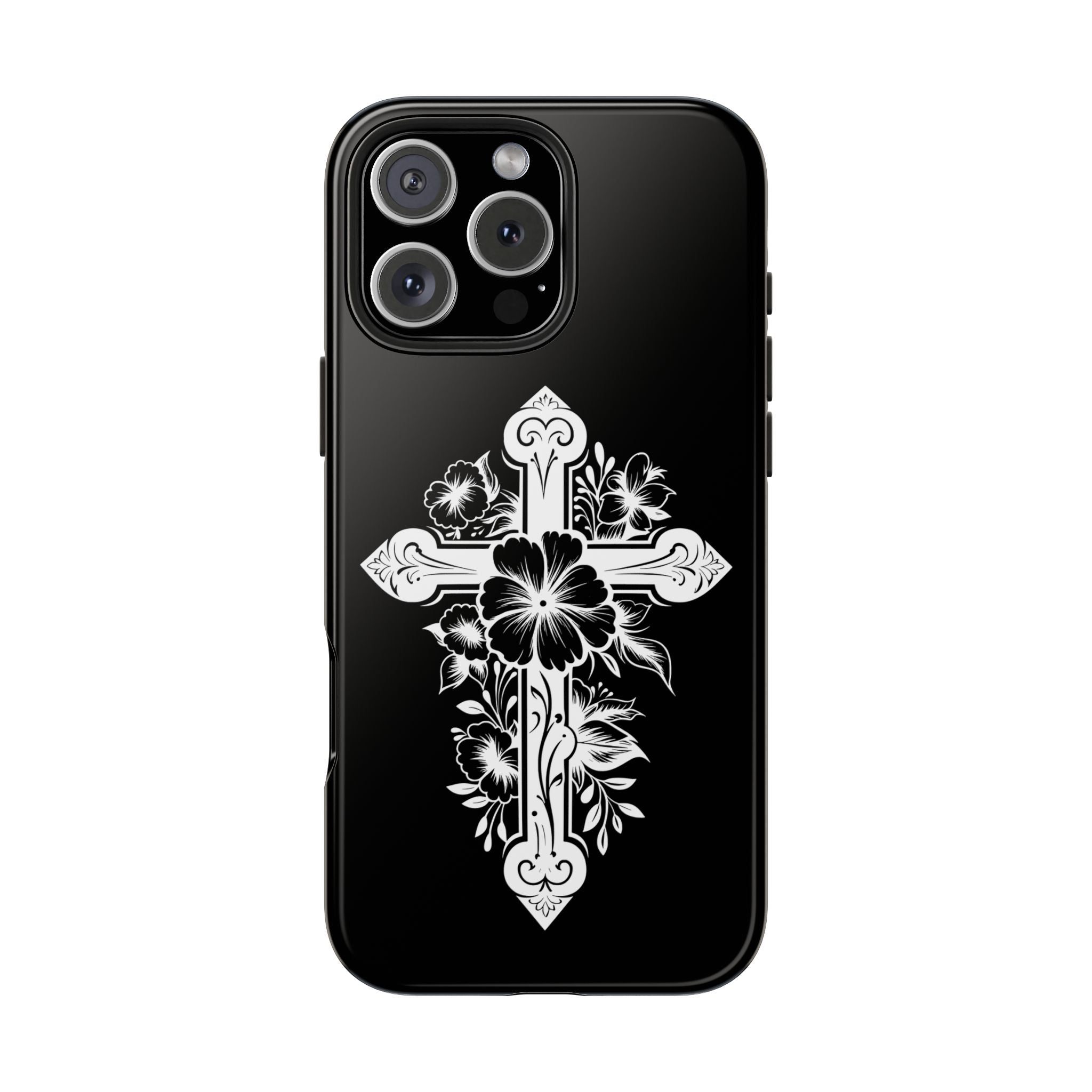 Floral Cross Tough Phone Case — Black Protective Christian Phone Cover
