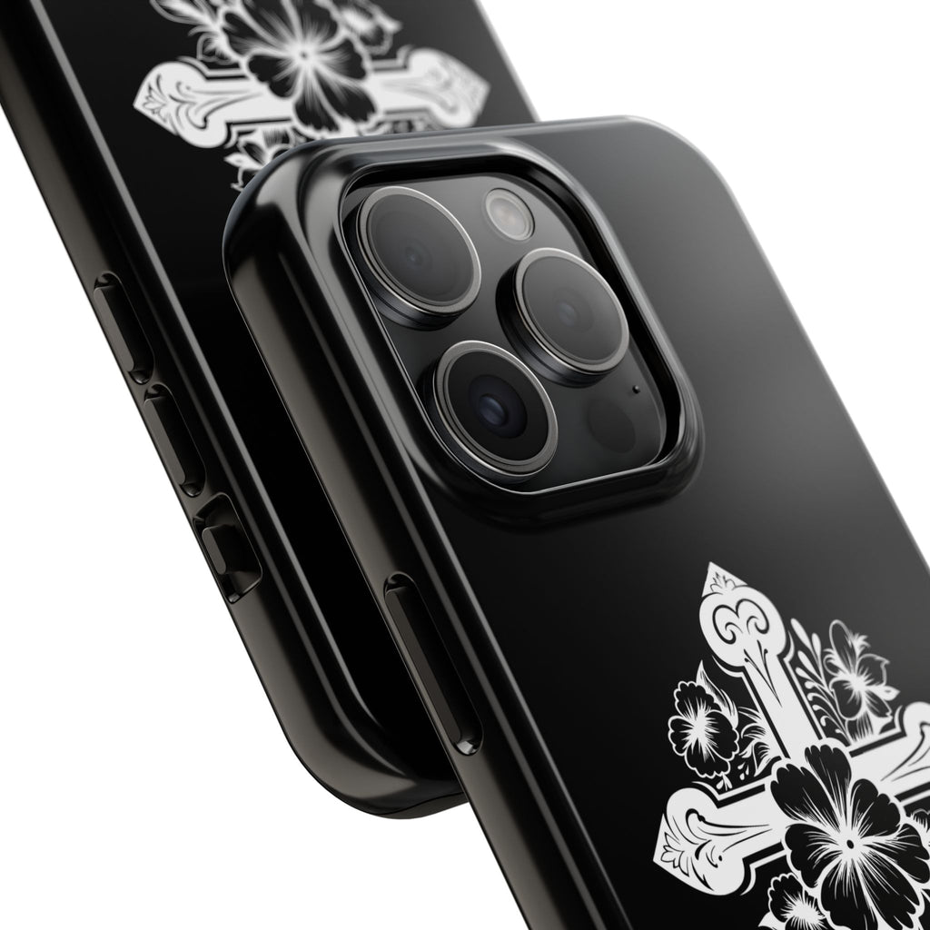 Floral Cross Tough Phone Case — Black Protective Christian Phone Cover