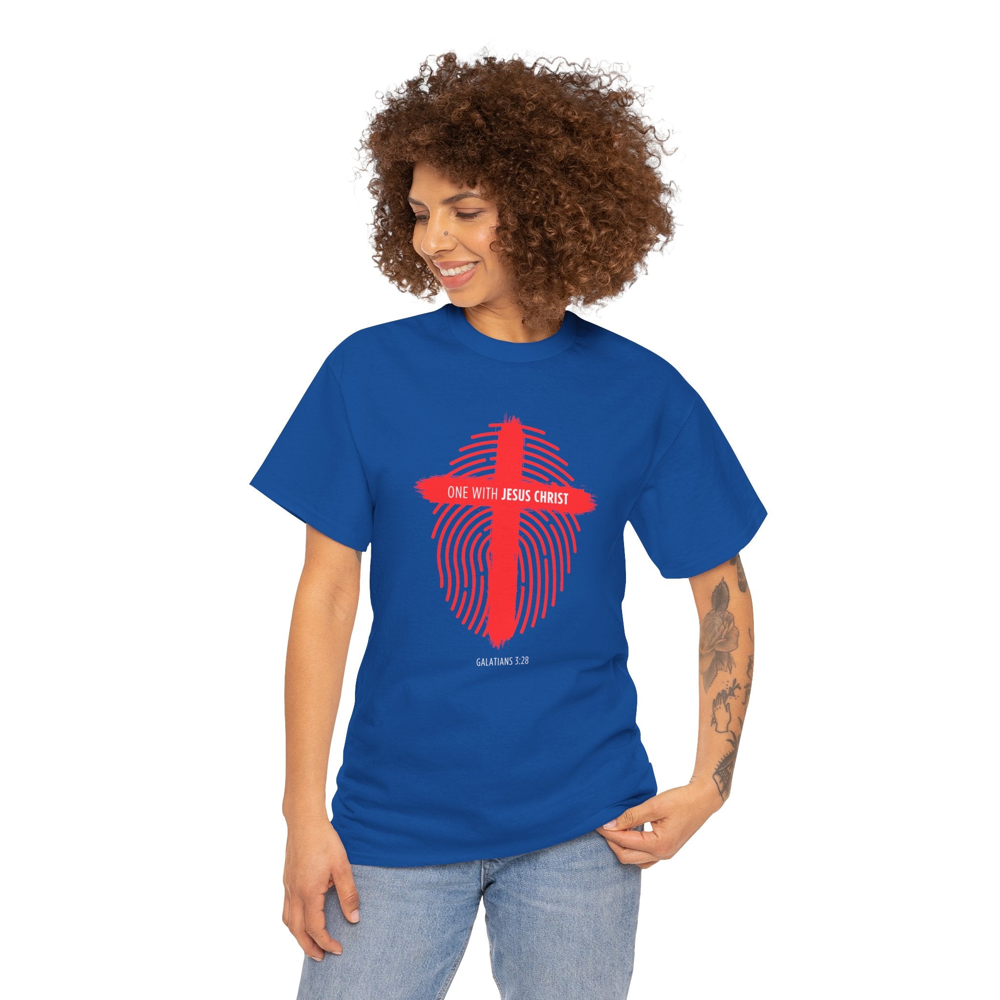 Christian T‑Shirt — "One with Jesus Christ" Red Cross Fingerprint Design