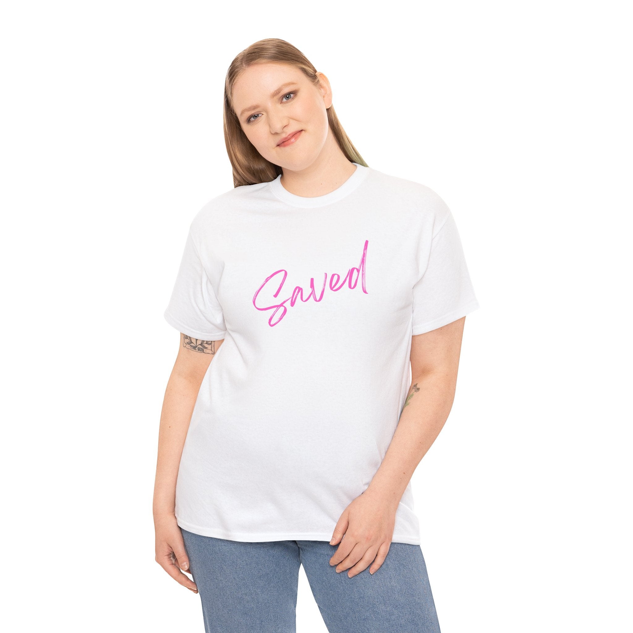 Saved T‑Shirt — Pink Script Faith Tee with Inspiring Back Verse