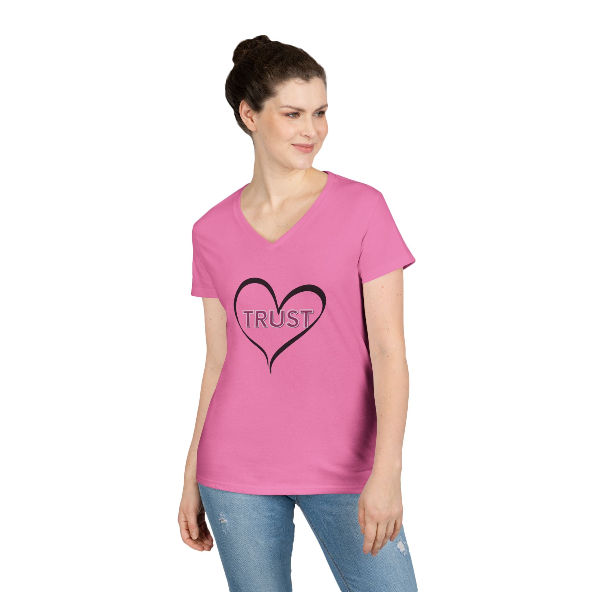 Ladies' V-Neck T-Shirt — Heart "TRUST" Faith Tee with Proverbs 3:5 Back Design