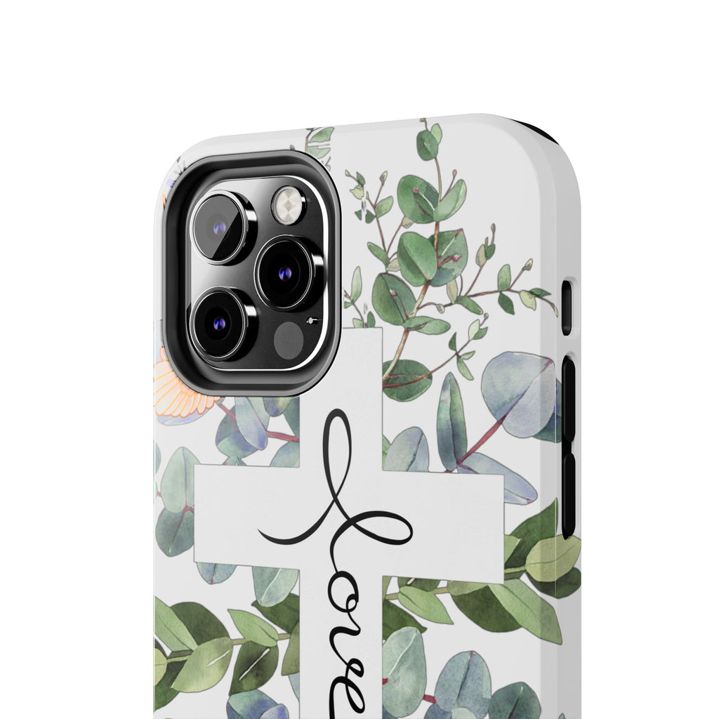 Religious Cross Tough Phone Case — Eucalyptus Floral "Love" Design