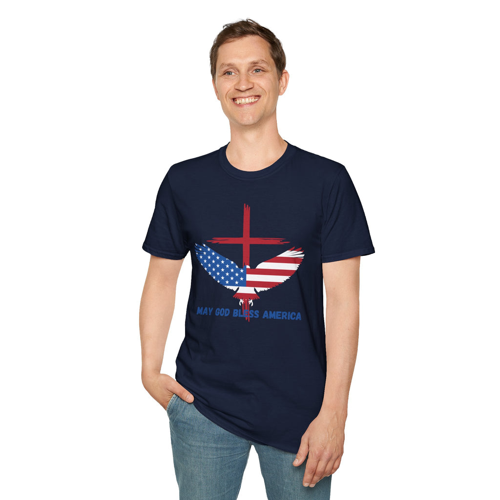 Patriotic Eagle T-Shirt — "May God Bless America" Flag Cross Graphic