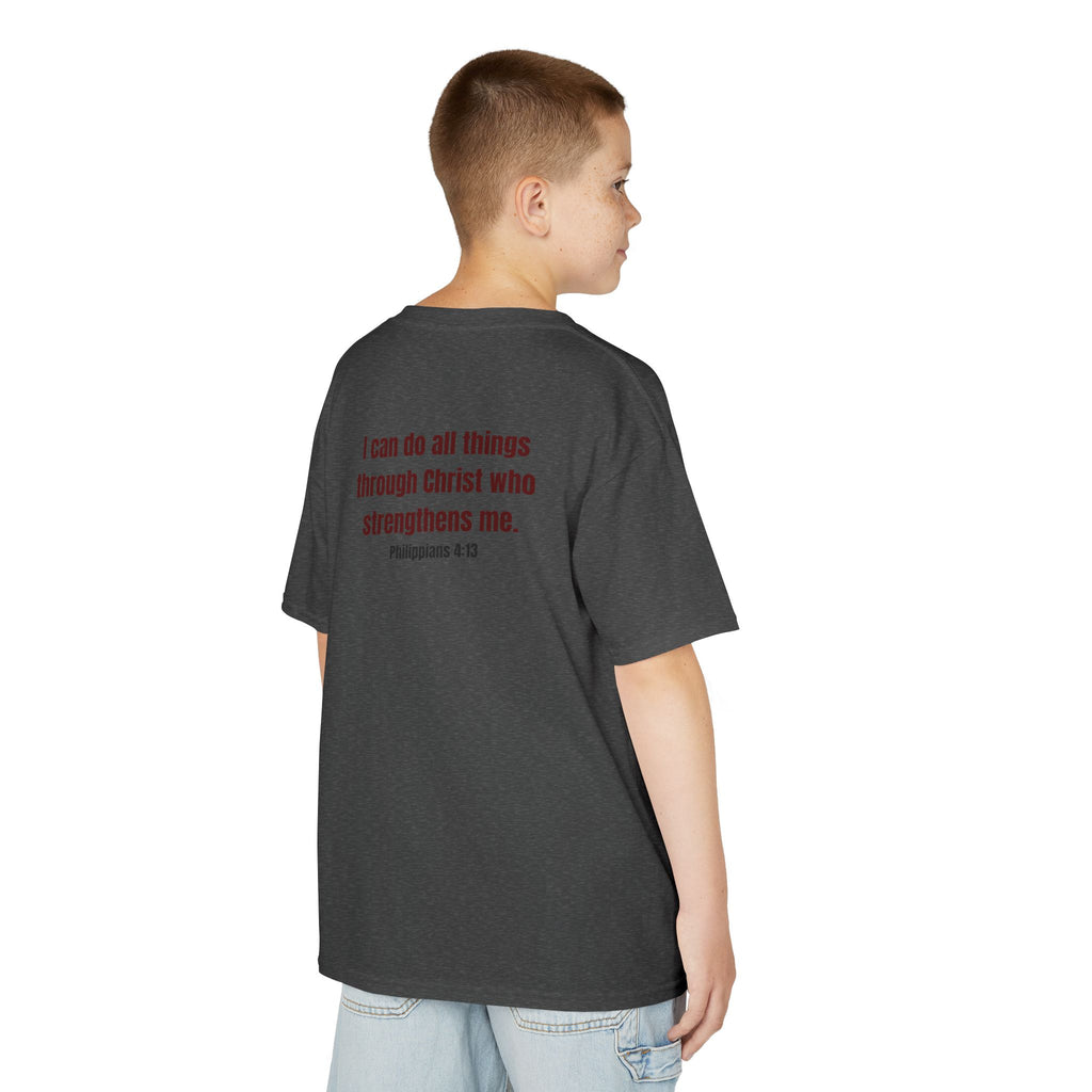 Kids Tee — "Strong" Muscle Graphic with Philippians 4:13 Back (Christian Inspirational)