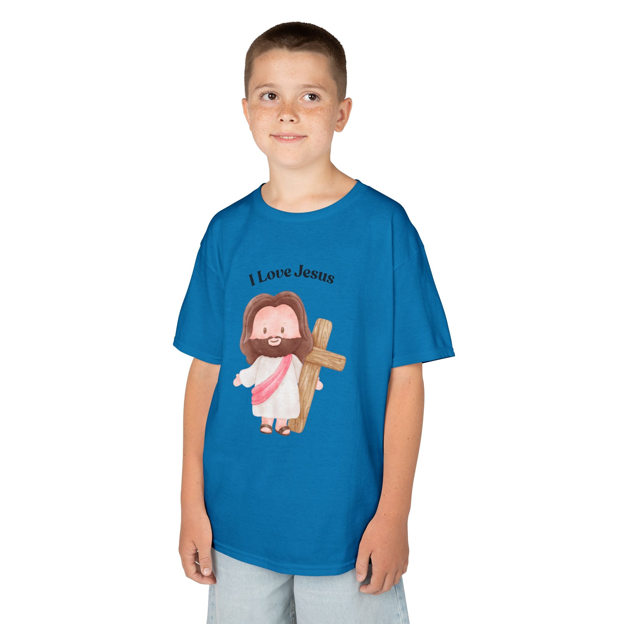 Kids T-Shirt — Cute "I Love Jesus" Cartoon Jesus Holding Cross — Christian Easter Gift for Children