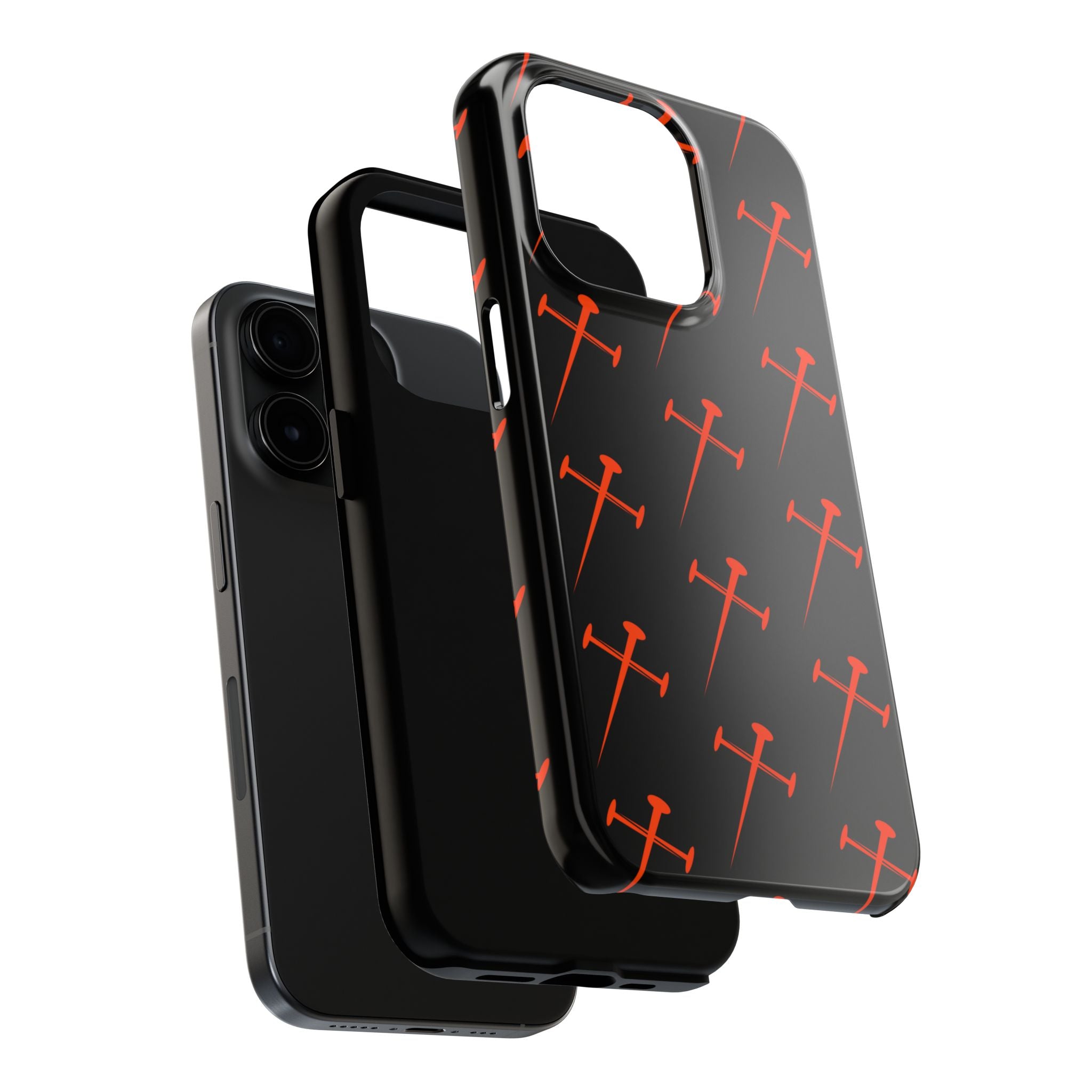 Black Tough Phone Case with Orange Nail Cross Pattern