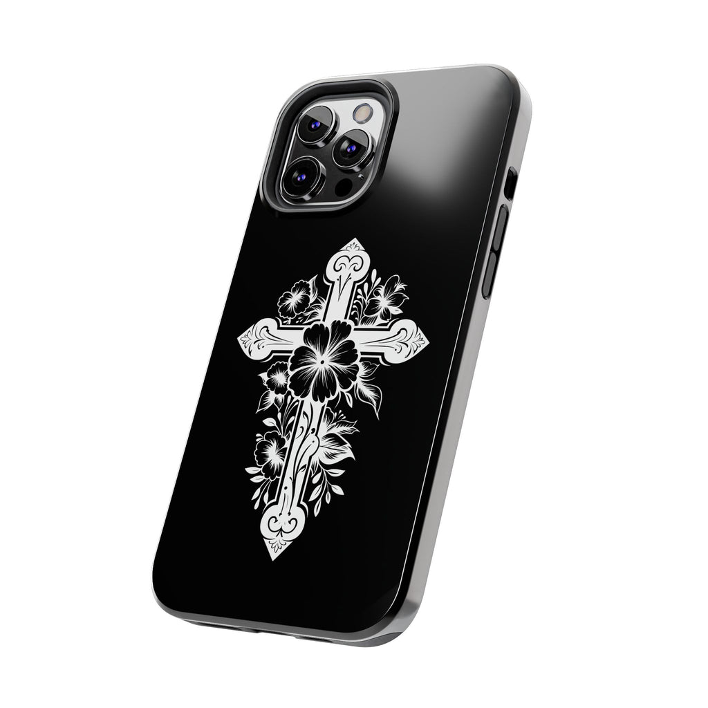 Floral Cross Tough Phone Case — Black Protective Christian Phone Cover