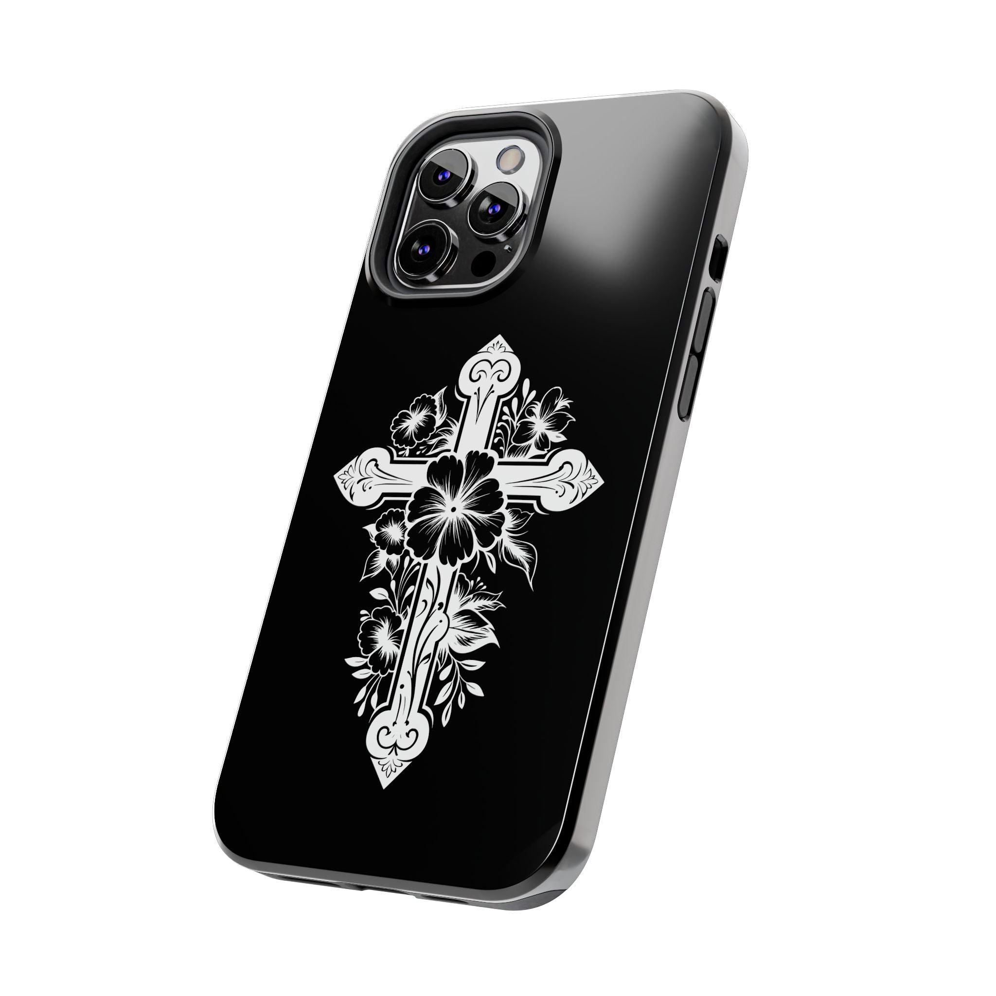 Floral Cross Tough Phone Case — Black Protective Christian Phone Cover