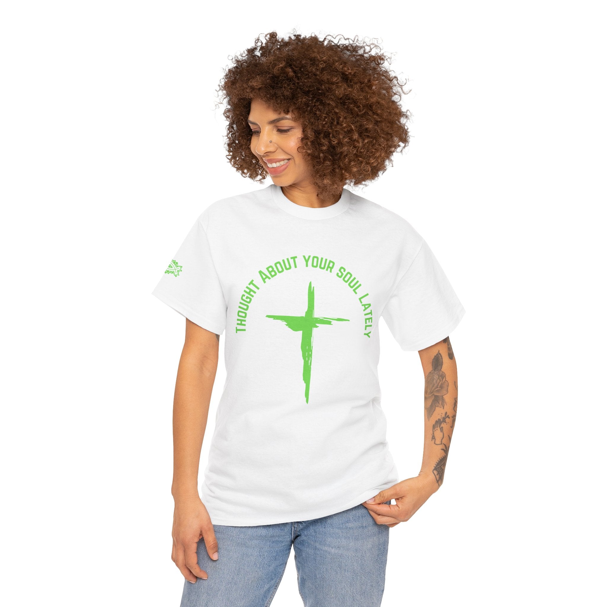“Thought About Your Soul Lately” Cross Tee — Neon Green Spiritual Graphic T-Shirt