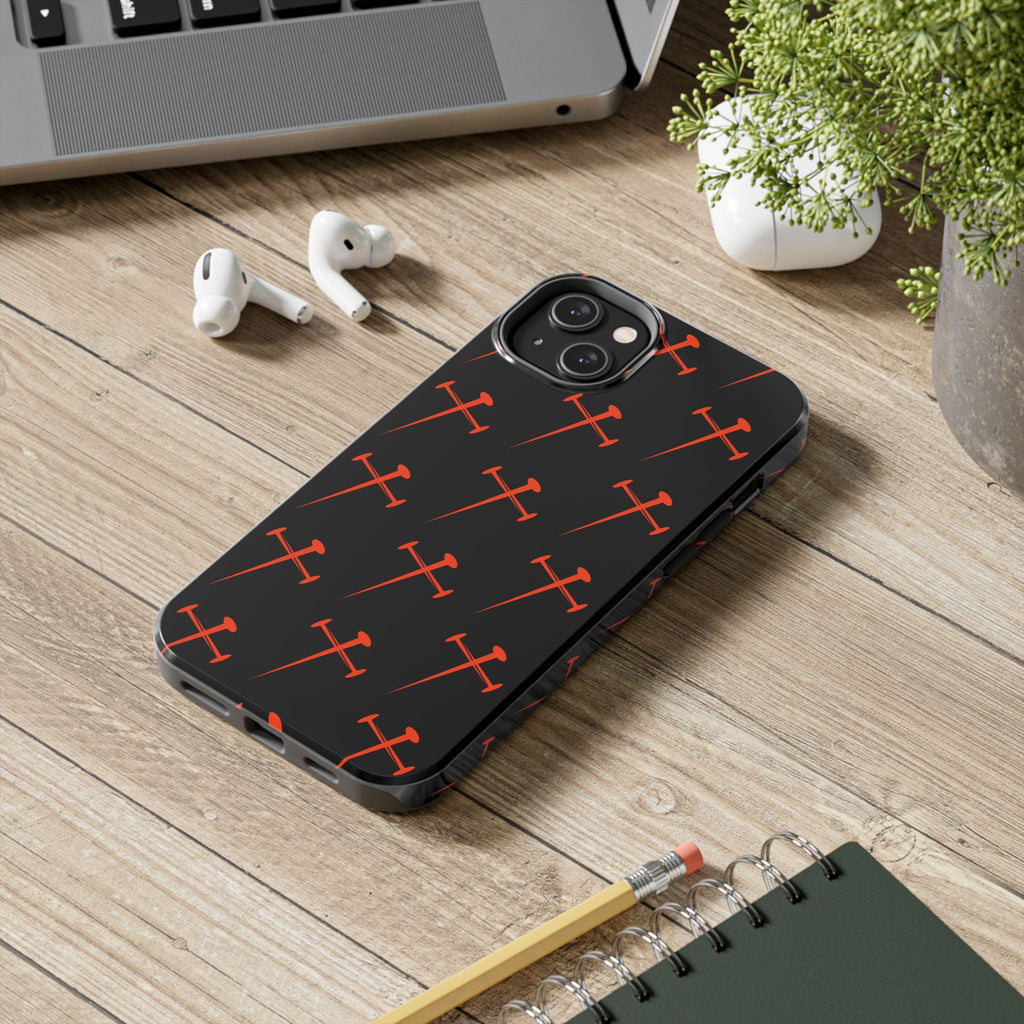 Black Tough Phone Case with Orange Nail Cross Pattern