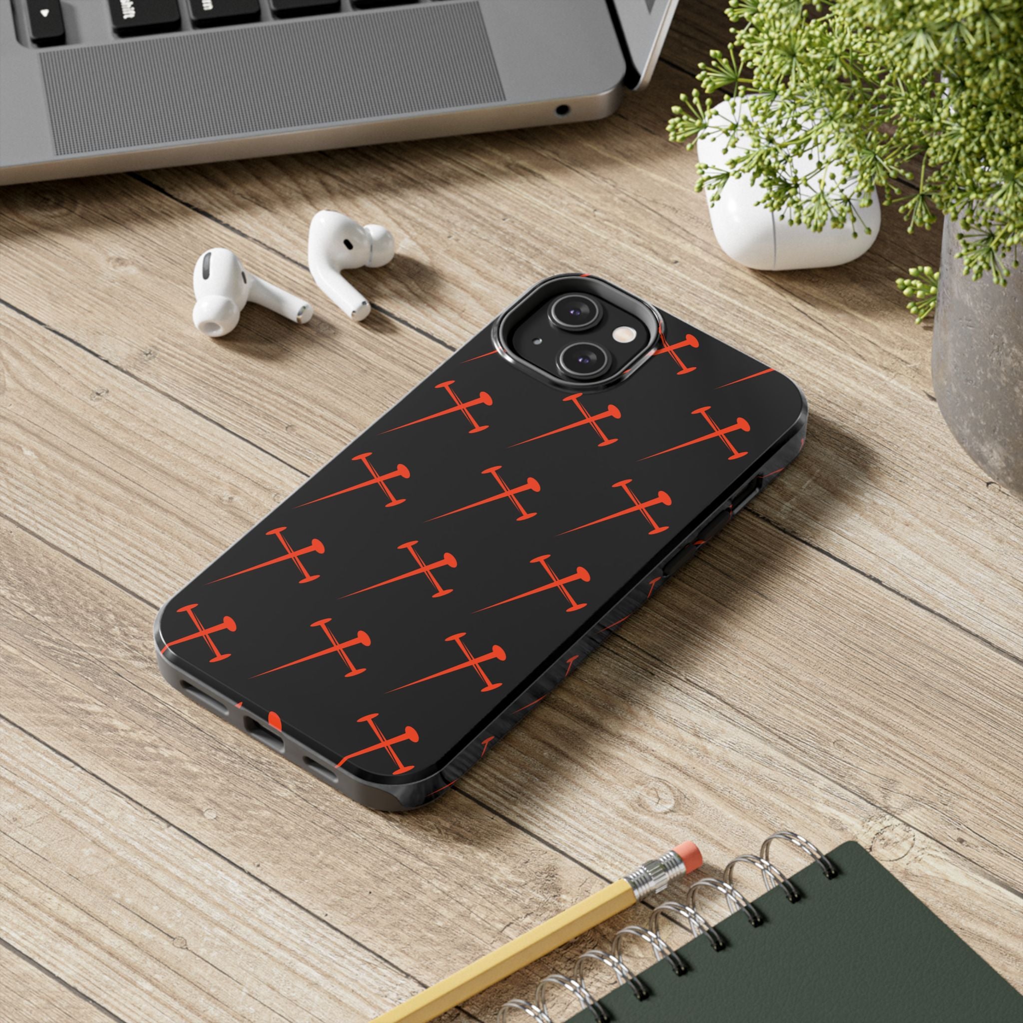 Black Tough Phone Case with Orange Nail Cross Pattern