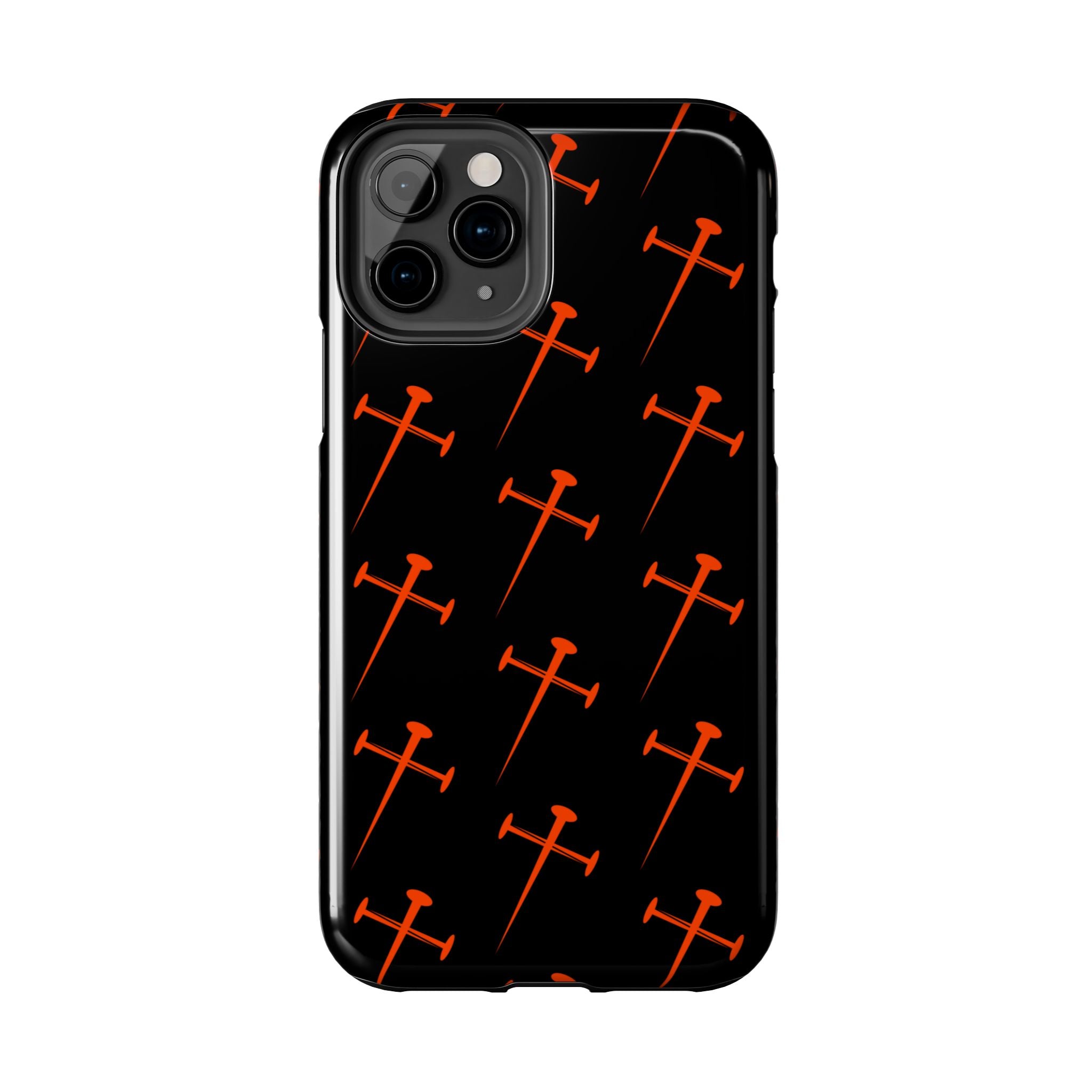 Black Tough Phone Case with Orange Nail Cross Pattern