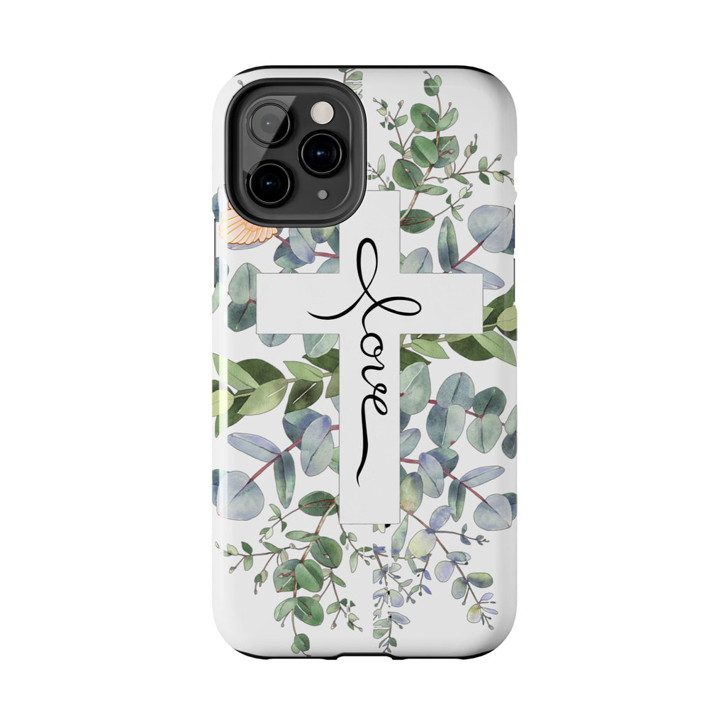 Religious Cross Tough Phone Case — Eucalyptus Floral "Love" Design