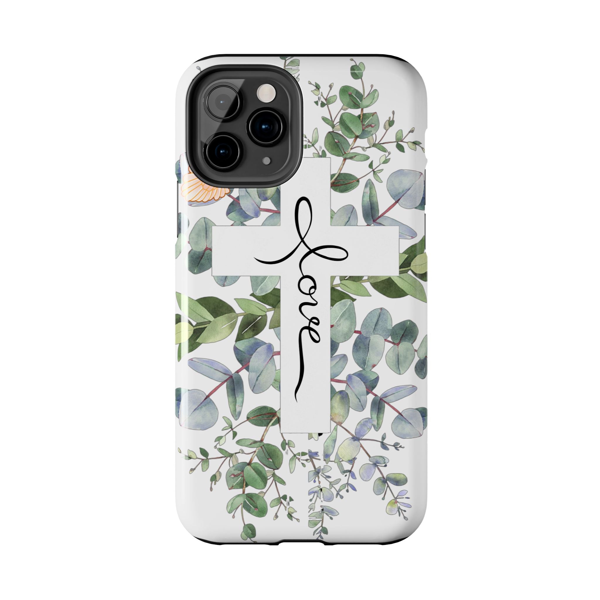 Religious Cross Tough Phone Case — Eucalyptus Floral "Love" Design