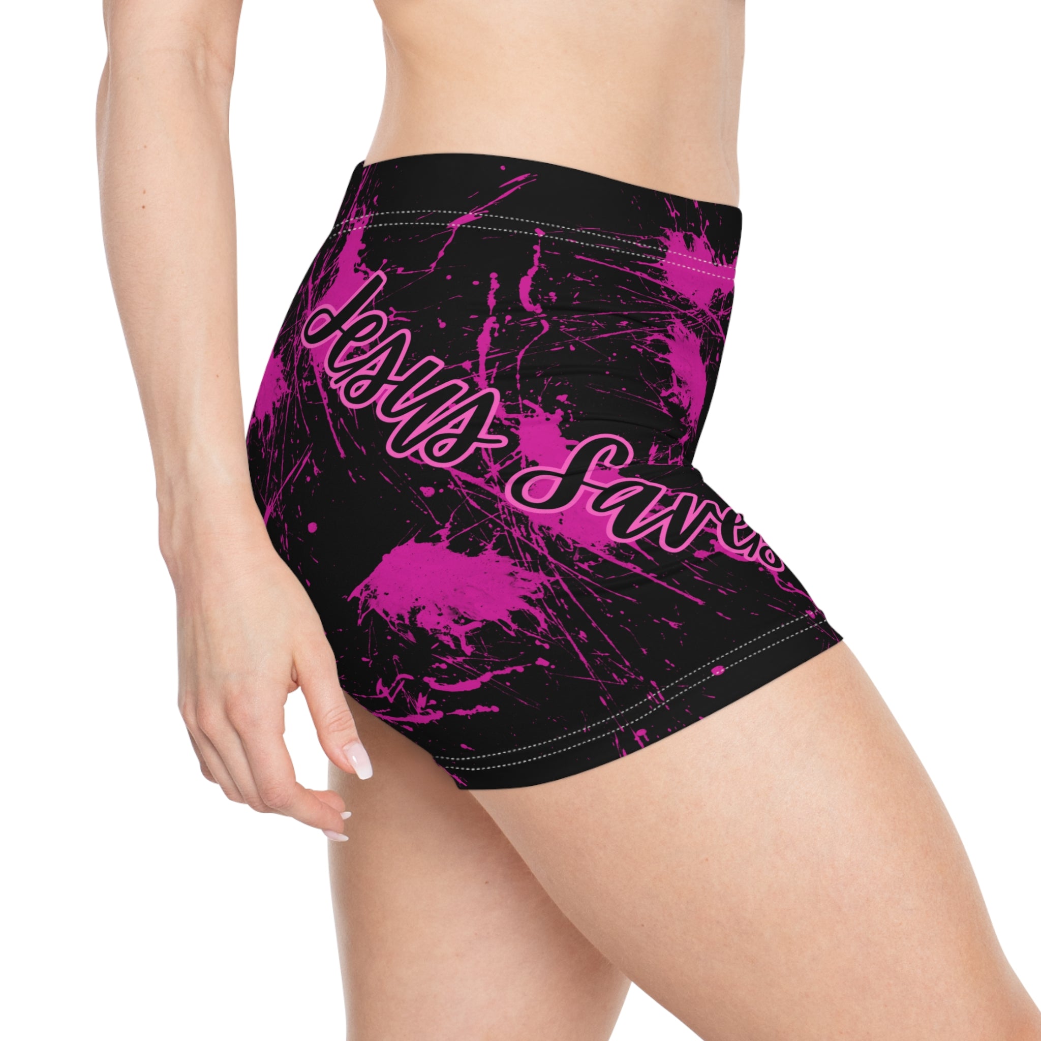 Women's Shorts — Pink Black Marble 'Jesus Saves' Graphic Active Shorts