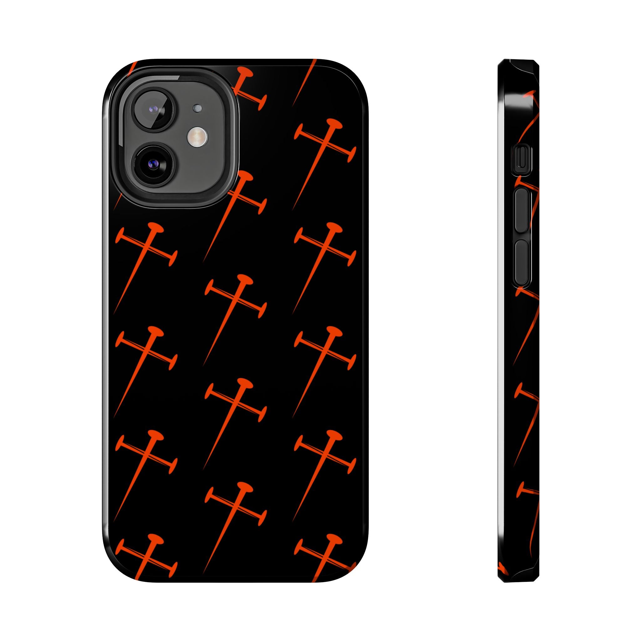 Black Tough Phone Case with Orange Nail Cross Pattern