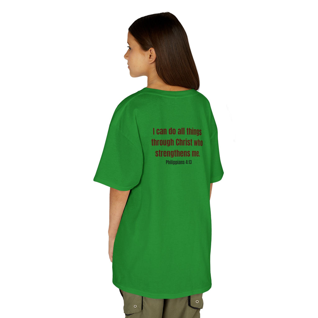 Kids Tee — "Strong" Muscle Graphic with Philippians 4:13 Back (Christian Inspirational)