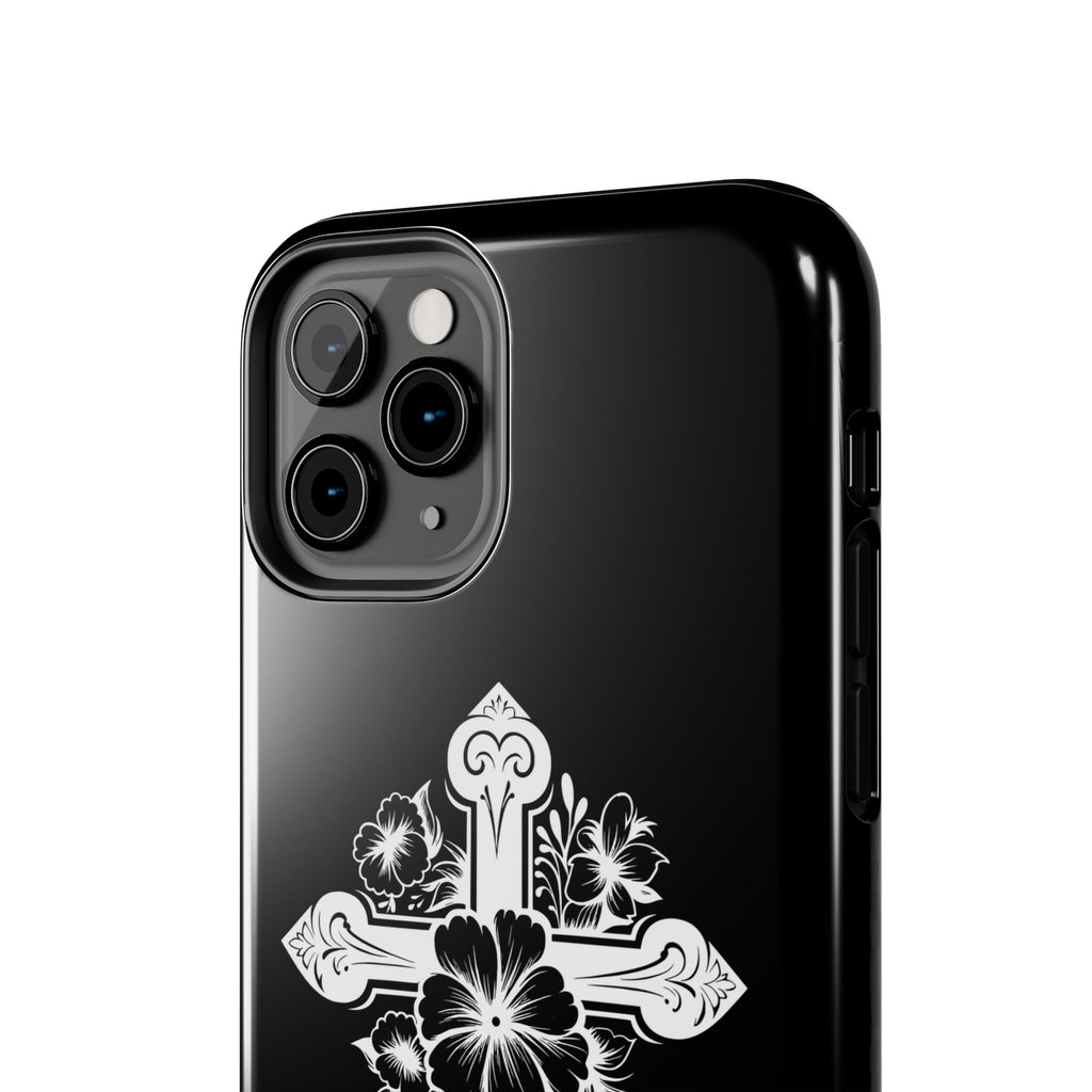 Floral Cross Tough Phone Case — Black Protective Christian Phone Cover