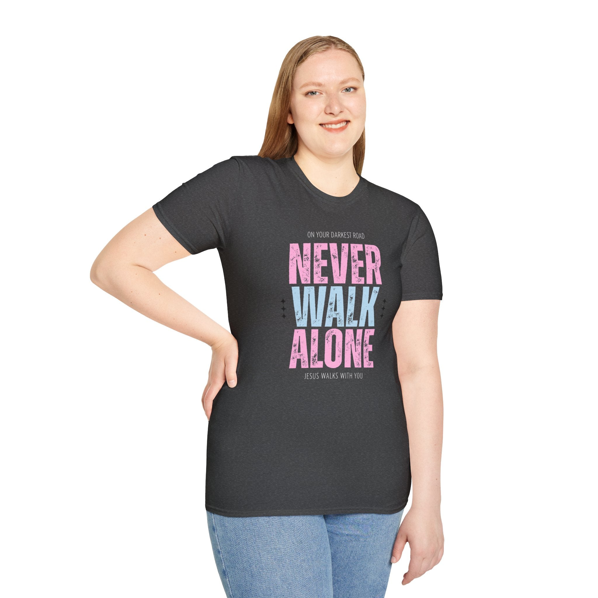 Never Walk Alone Jesus Walks With You T-Shirt — Pastel Pink & Blue Inspirational Tee